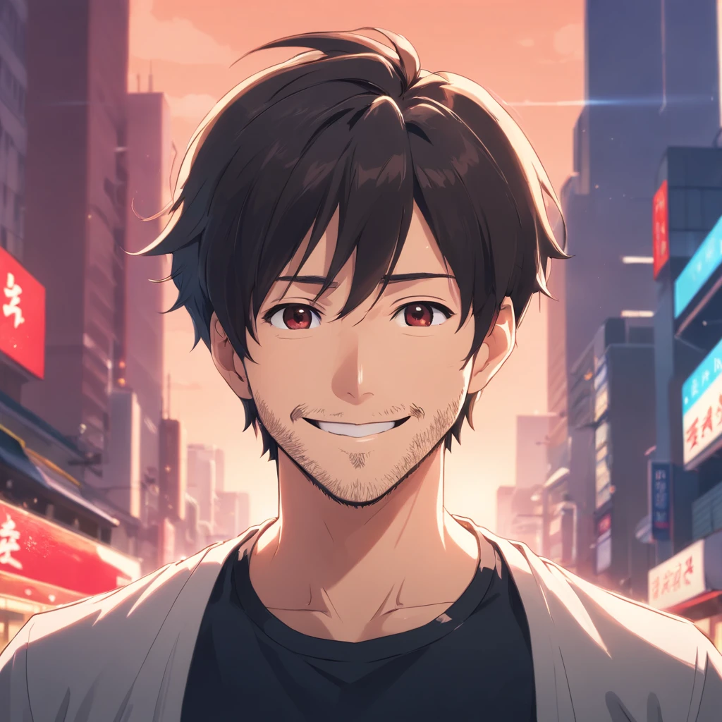 (Front view:1.4),Groomed beard,40-year-old dandy man,Composition of the upper body,japanes,(a smile:1.3),A tall man,a beard, Delicate facial features like an actor,Short-haired true black hair, (Black Y-shirt:1.4), Intense muscles, eyes are brown, Single-color background、Solid background color, Blurry background ,Red background