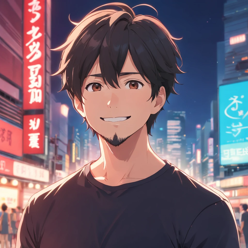 (Front view:1.4),Groomed beard,40-year-old dandy man,Composition of the upper body,japanes,(a smile:1.3),A tall man,a beard, Delicate facial features like an actor,Short-haired true black hair, (Black Y-shirt:1.4), Intense muscles, eyes are brown, Single-color background、Solid background color, Blurry background ,Red background