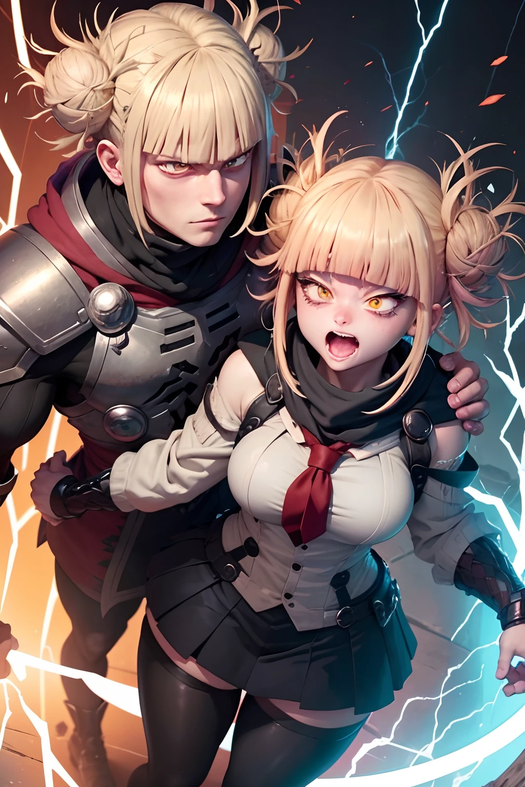 Imagine and describe a fused being formed by Toga Himiko, the chameleon-like villain from My Hero Academia, and Thor, the god of thunder from Marvel. It details how this combined entity takes on the appearance of a divine and sinister warrior, describing his clothing, face, and distinctive features. Then, explore the unique abilities and powers that this being possesses, how they use their shapeshifting and thunder control abilities,