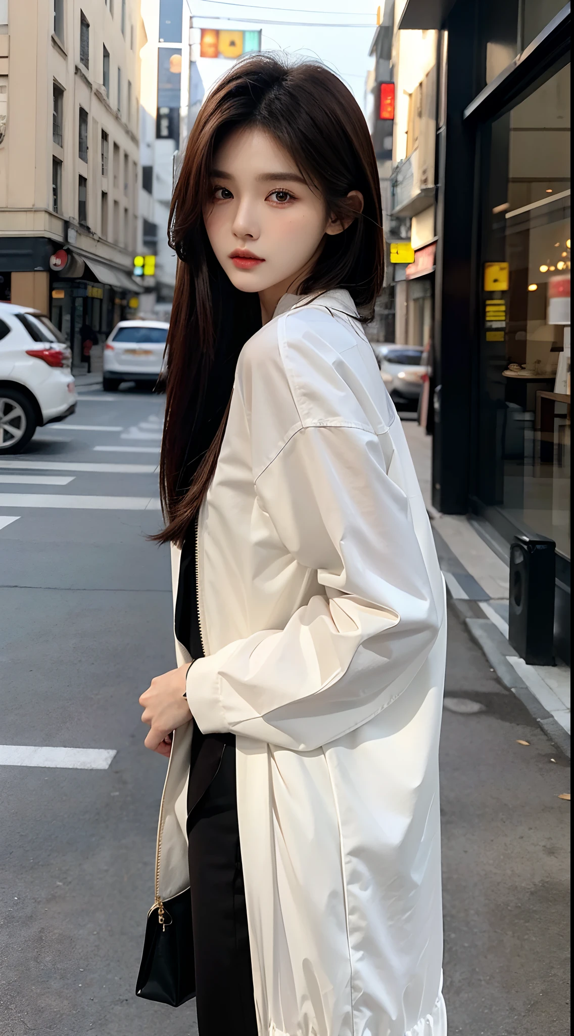 masterpiece、top-quality)、1 beutiful girl、Slim body、((Black and white plain clothes:1.1))、(Detailed beautiful eyes)、Walk around the store、((Boyish Brown Medium Hair))、((Smaller face))、((Neutral face))、((Face seen from the side))、((Light brown eyes))、((Korean Girl))、((18year old))、((cool lady))、((Wild look))、((Korean Makeup))、((elongated and sharp eyes))、((Dating))、((looking distantly))、((boyish))、((Shot from the same height as your face))、((Viewers are tall))