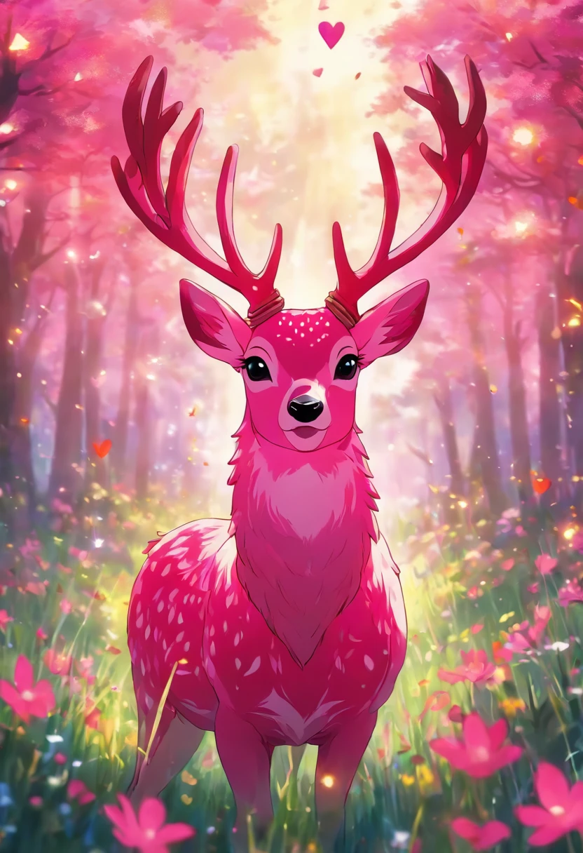 a detailed anime drawing of a ((pink)) deer with yellow eyes that gives off a aura of grace with large heart-shaped antlers dashing through a meadow by itself