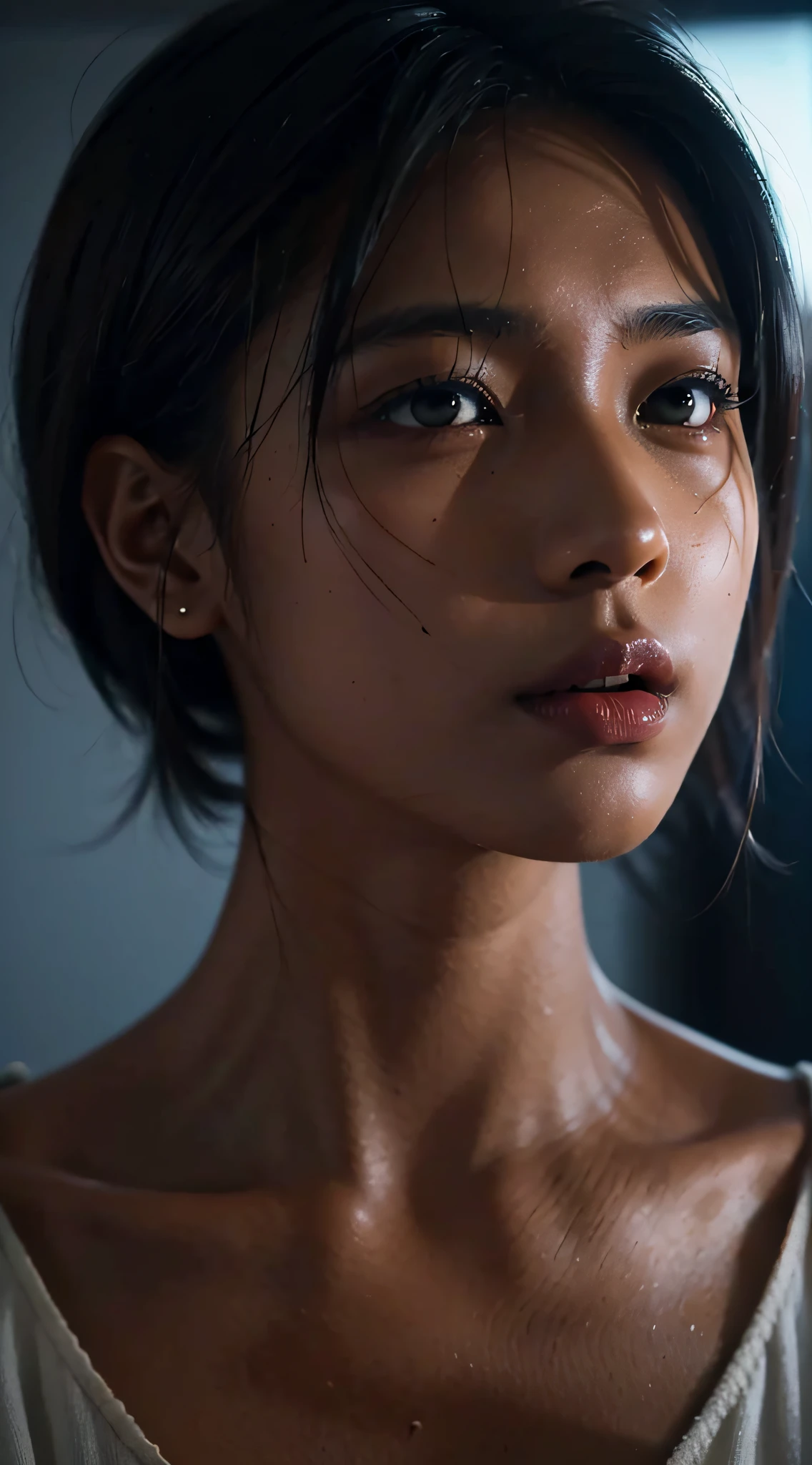Dark-skinned tomboy girl with cut hair, Illustrated by Aoiro Studio and Masaaki Komori, hyper detailed, neons, lighting cinematic, peinture mate, illustrated in an oil painting style, Tendances sur ArtStation, Art contemporain, Surreal and dreamlike atmosphere.