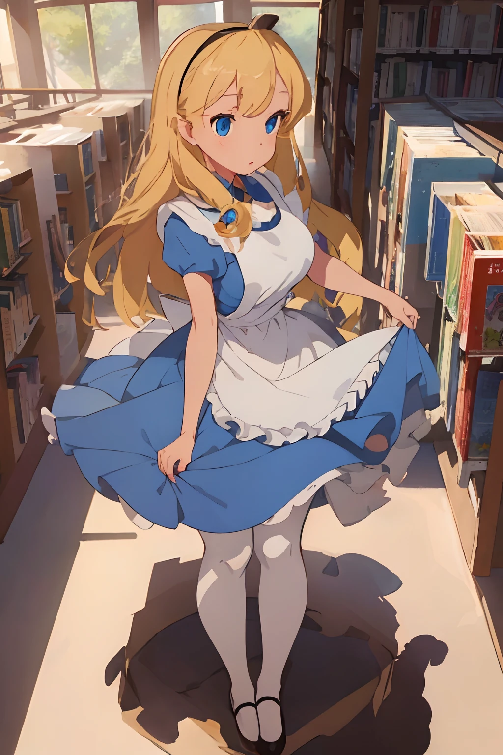 (​masterpiece、top-quality;1.3)、ighly detailed、1girl in、looking at the viewers、atlibrary、alice liddell、a blue dress、White Apron、Black Hair Band、Blonde long hair、big breast beauty、I can see the pants、bra very、Opening legs