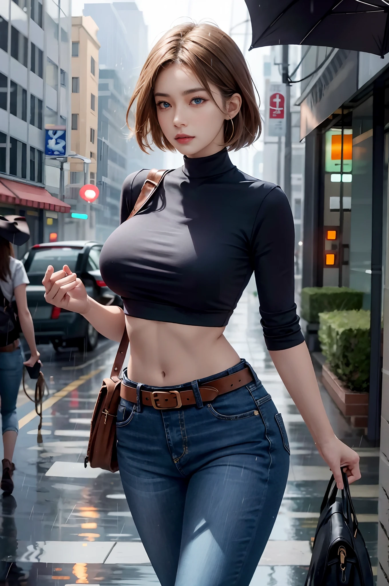 maryms, Best quality,(Beauty), 1girll,physically-based renderingt ,超高分辨率,(Cowboy shot:1.5),Narrow waist, Skinny, LeonaMS , Big blue eyes,Long legs,Jeans,Leather belt,Big breasts,Puffy eyes, Leather belt,(rainy city), Shiny skin, facingviewer, excited to fight