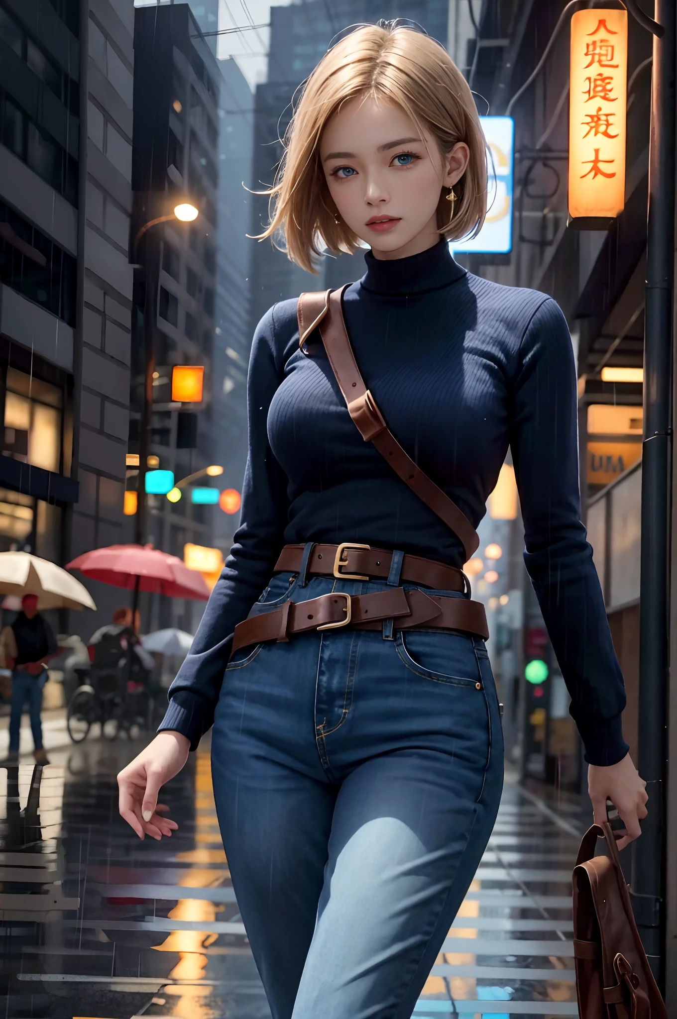 maryms, Best quality,(Beauty), 1girll,physically-based renderingt ,超高分辨率,(Cowboy shot:1.5),Narrow waist, Skinny, LeonaMS , Big blue eyes,Long legs,Jeans,Leather belt,Big breasts,Puffy eyes, Leather belt,(rainy city), Shiny skin, facingviewer, excited to fight