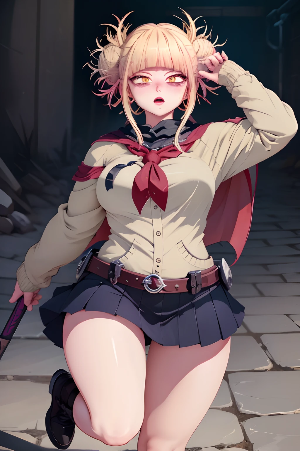 It describes Toga Himiko wearing Thor's costume and wielding the hammer Mjolnir. It details how Thor's suit fits his figure and how he holds the hammer with confidence. Include elements like Toga's hair, the expression on her face, and any other details that stand out in this unique combination of characters.