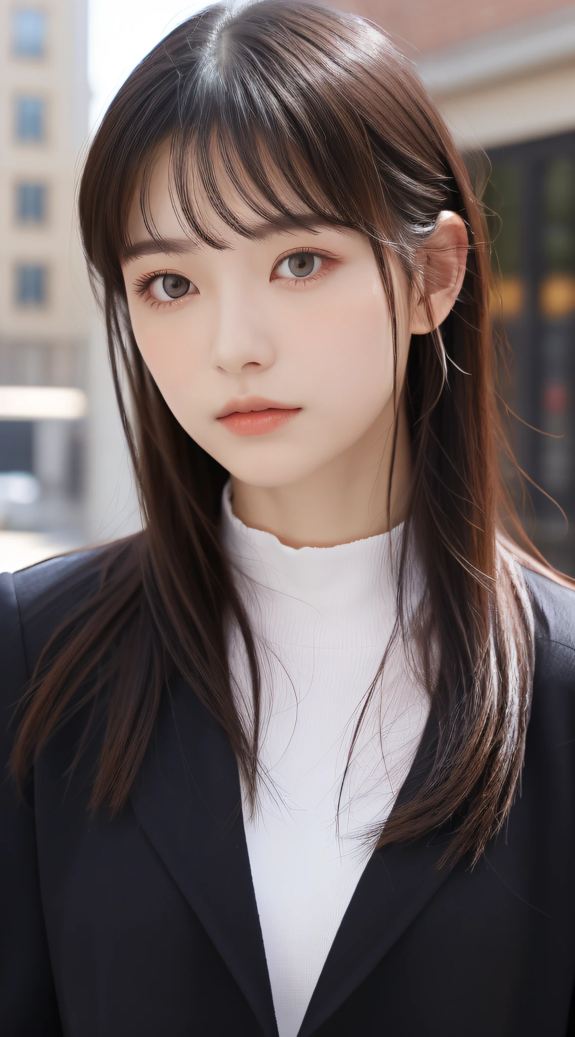 1 adult female, (up of face:1.5), Black hair, Blunt bangs, hair behind ear, hair over shoulder, Long hair, Ultra Fine Face, Thin face, Delicate lips, (beautidful eyes:1.5), thin blush, eyes are light brown,View here, （Hands hide）, formal jackets, a choker ,Port Area ,One-person viewpoint,  8K, masutepiece, nffsw, Super Detail, High quality, Best Quality, hight resolution,