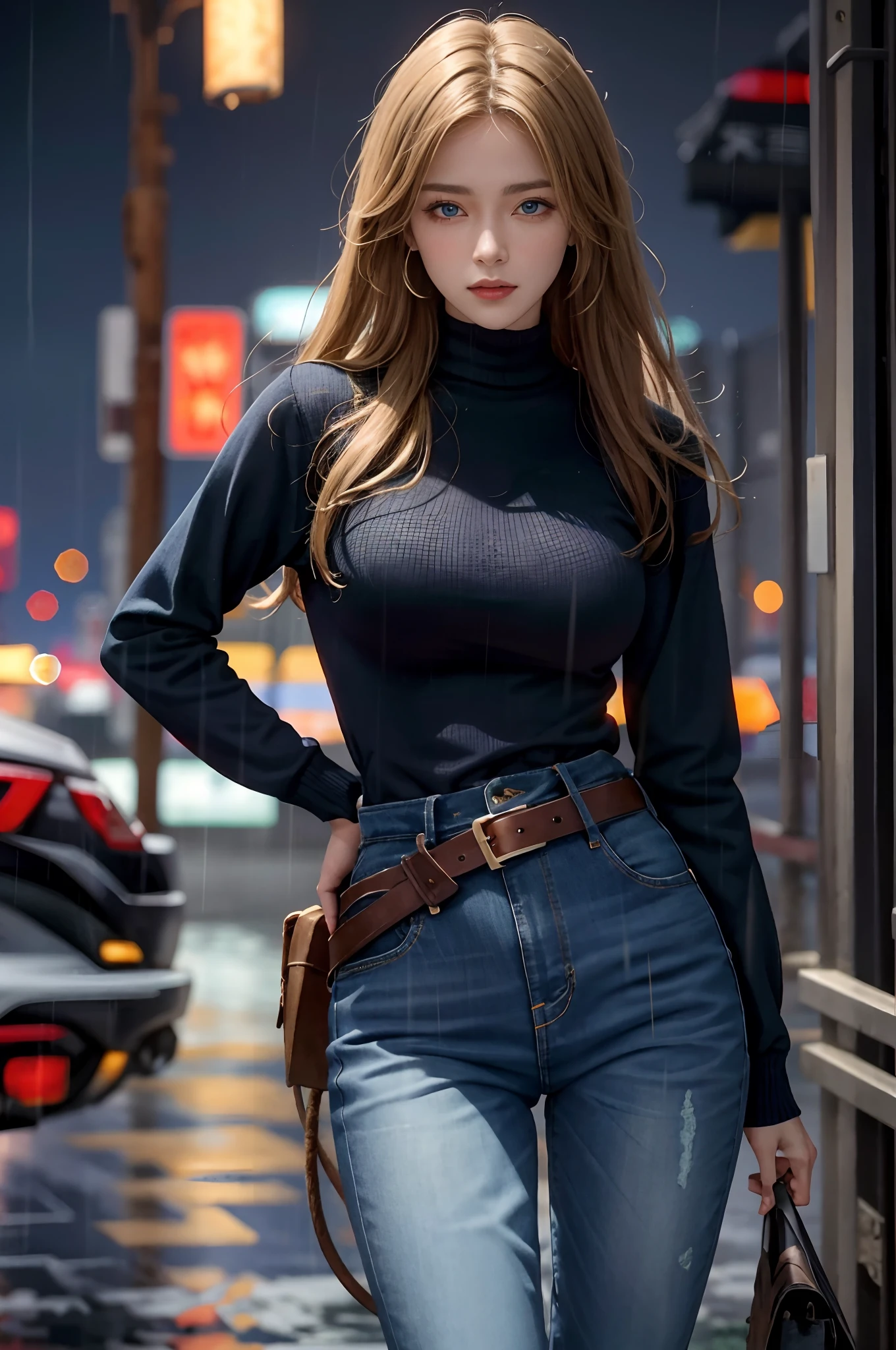 maryms, Best quality,(Beauty), 1girll,physically-based renderingt ,超高分辨率,(Cowboy shot:1.5),Narrow waist, Skinny, LeonaMS , Big blue eyes,Long legs,Jeans,Leather belt,Big breasts,Puffy eyes, Leather belt,(rainy city), Shiny skin, facingviewer, excited to fight