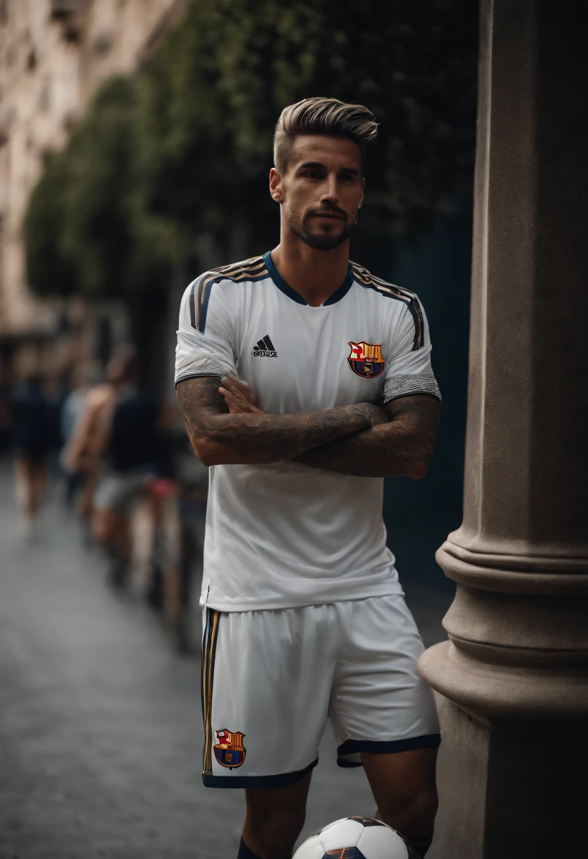 Homem Soccer Player in Barcelona, cabelo platinado de branco, tatuagens