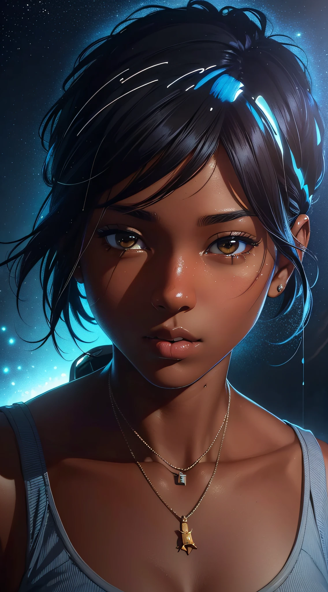 Dark-skinned tomboy girl with cut hair, Illustrated by Aoiro Studio and Masaaki Komori, hyper detailed, neons, lighting cinematic, peinture mate, illustrated in an oil painting style, Tendances sur ArtStation, Art contemporain, Surreal and dreamlike atmosphere.