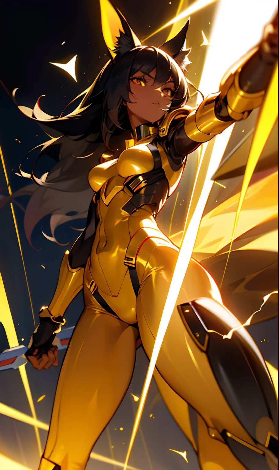 Anubis: dark-skinned woman with medium breasts and golden cat ears, wearing an electric suit that emits sparks and black hair with long electric rays;