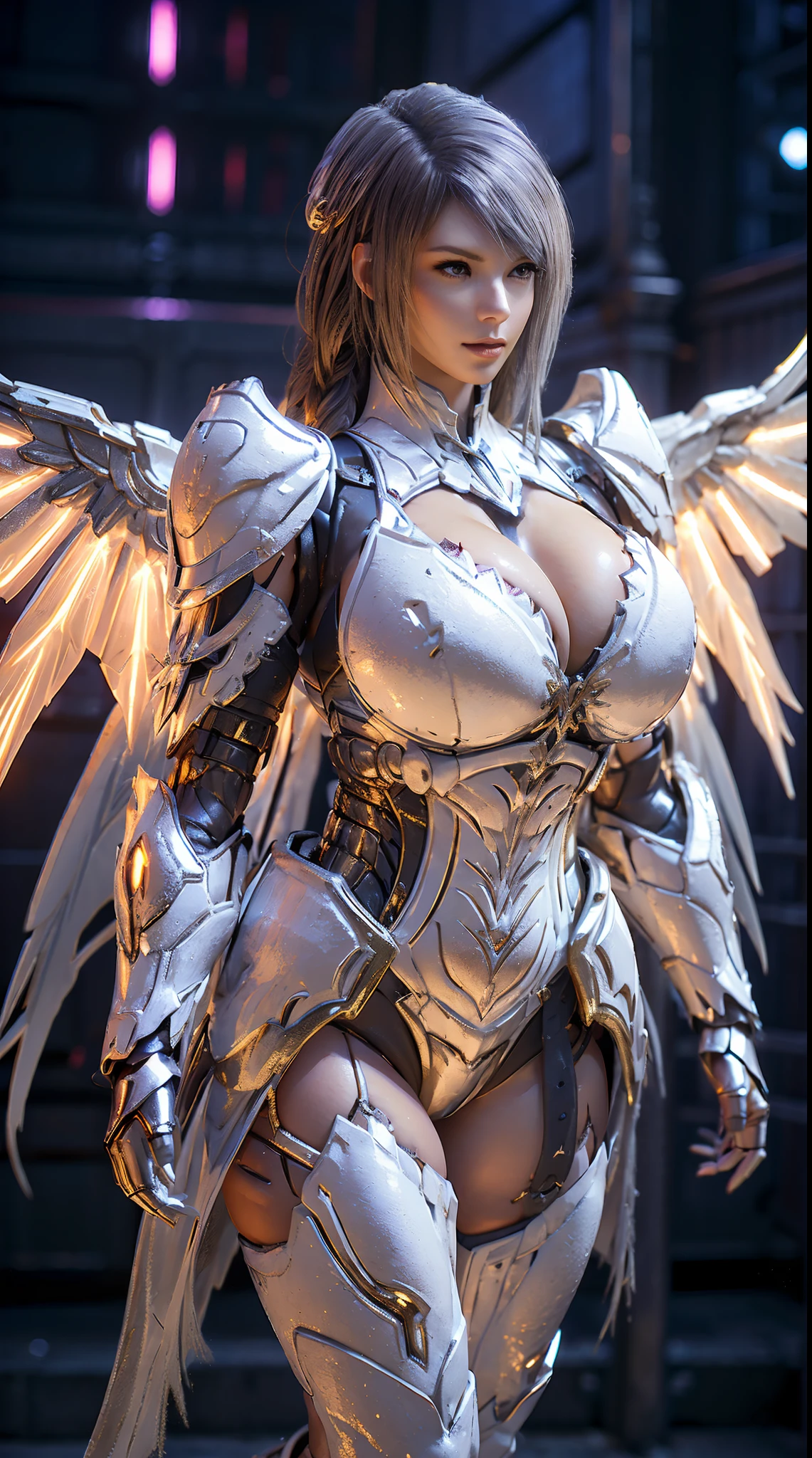 A WOMAN, BEAUTIFULL FACE, HUGE BOOBS, RGB, WHITE, GOLD, PURPLE, MECHA ARMOR FULL SUIT, (CLEAVAGE), (A PAIR LARGEST WINGS), TRANSPARANT, TALL LEGS, STANDING, SEXY BODY, MUSCLE ABS.