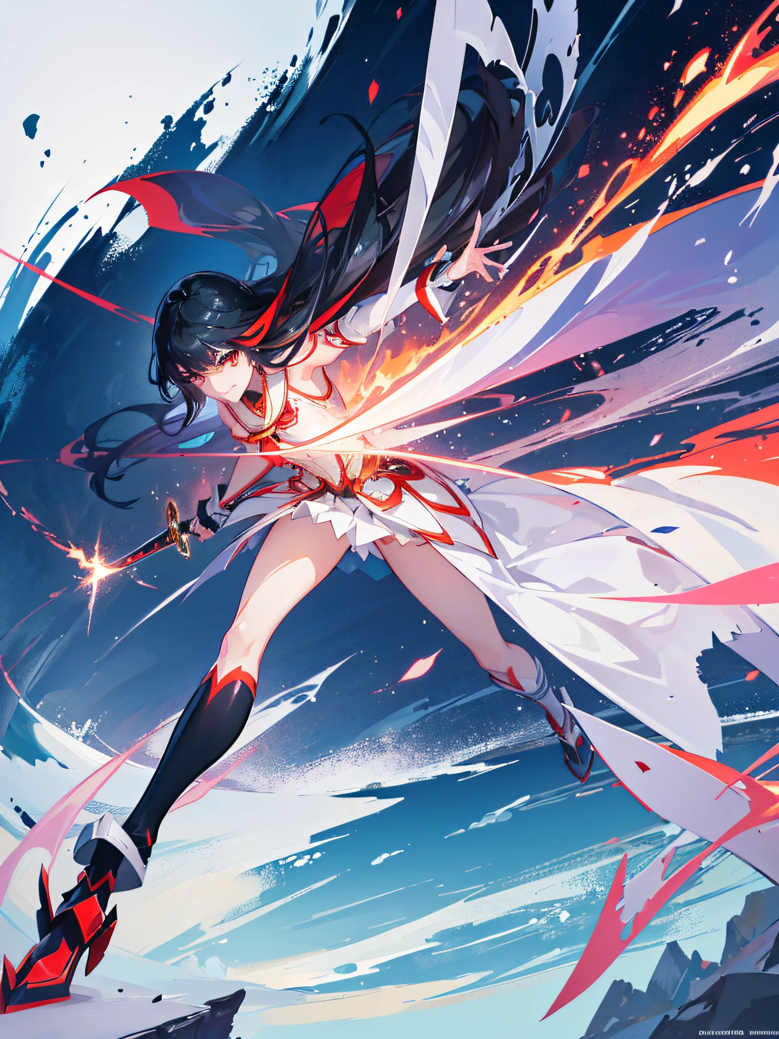 Ryuko Matoi, using her costume and her sword, special swit mode, reflections, badass stance, full body, photography, (ultra-realistic), {extremely detailed 8k CG unit wallpaper}, expansive landscape photography, (a view from below that prioritizes the character and the setting, wide view of the open field), (low angle photo), (high light: 1.7), (low light: 1.0), (warm light source: 1.5), complex details, (iridescent colors: 1.7), (bright lighting), (atmospheric lighting), dreamy, magical, Anime Kill la Kill