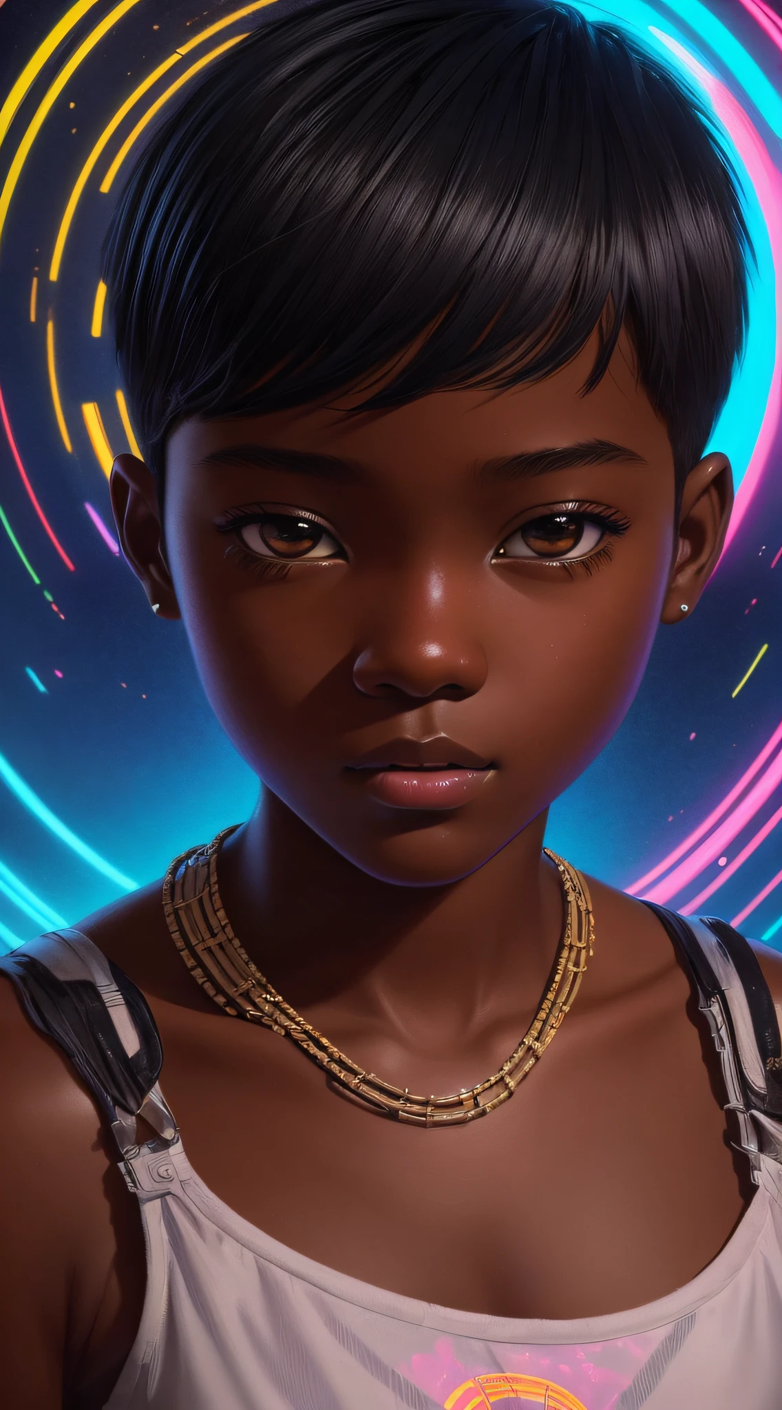 Dark-skinned tomboy girl with cut hair, Illustrated by Aoiro Studio and Masaaki Komori, hyper detailed, neons, lighting cinematic, peinture mate, illustrated in an oil painting style, Tendances sur ArtStation, Art contemporain, Surreal and dreamlike atmosphere.