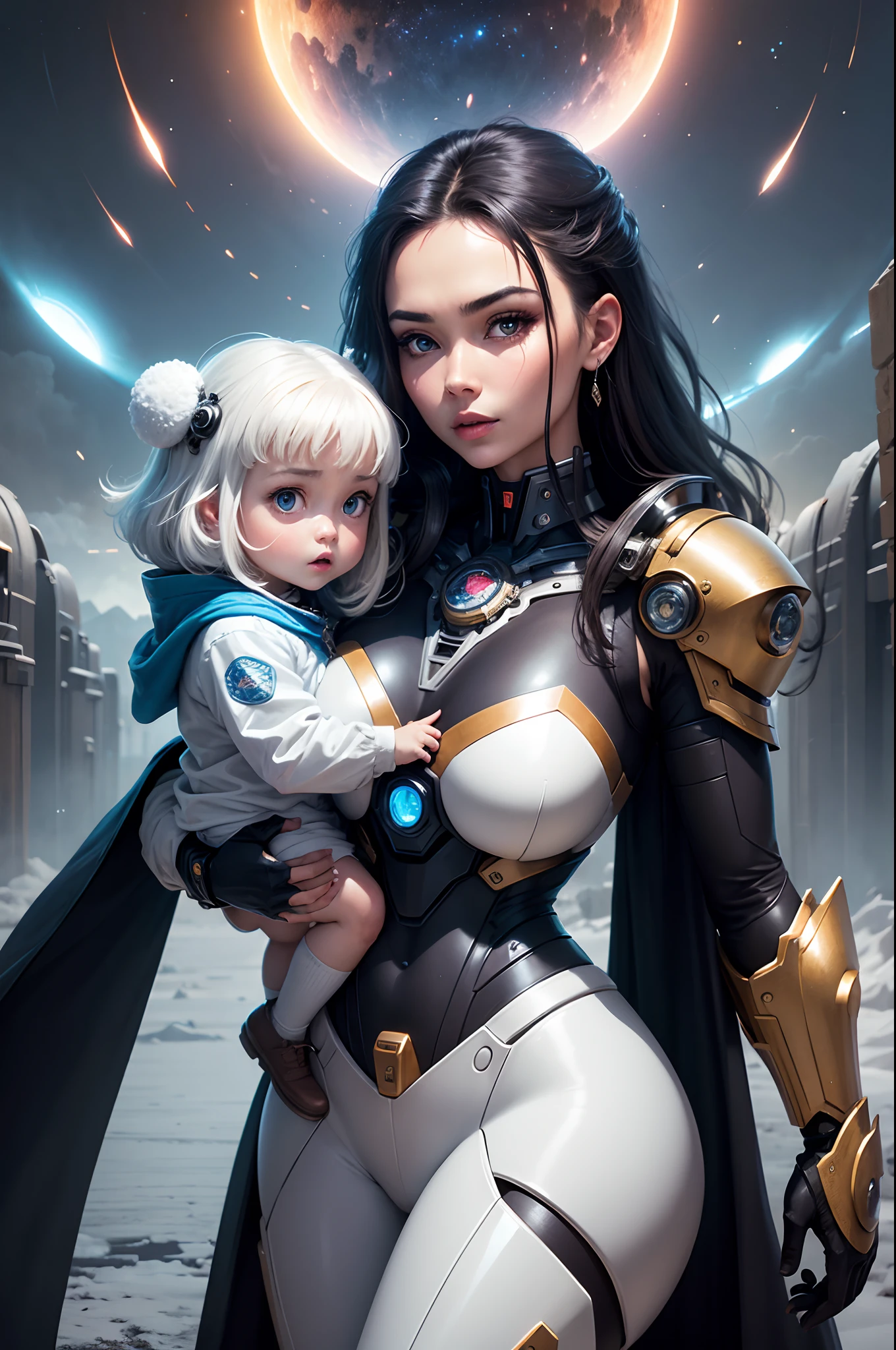 A mixed-race mother，Holding her human daughter in her arms，The background is realistic visuals of some evil robots，attractive beautiful，dramatic contrast，Gentle lighting，Delicate warmth，the soft light，hyper HD，
Extremely colorful，best qualityer，perfect female shape，HighDynamicRange，long eyelasher，Unbeatable masterpiece，Snow-whiteskin，putting makeup on，
Sexy goddess，Large metal mechanical gears，Strange sky，8K high quality，A pair of big eyes are beautiful and moving，White skin，Makeup，Sexy outfit，
【Background with】Large gold gear，Doomsday ruins，Giant tornado，The setting sun burns the clouds，Multiple planets，The end of the world，Multiple planets，Mards，Jupiter，Lightning Thunder，
Mercury，Strange sky，Giant tornado，Blue light，salama，Large flying machines，Cool car，Time Tunnel，nuclear power plant，Futuristic car，Cool headlight wind。Mechanical pets。