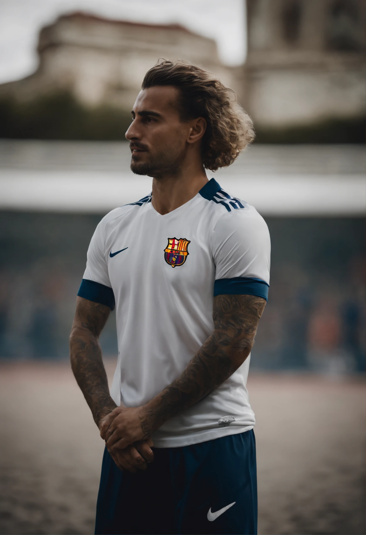 Homem Soccer Player in Barcelona, cabelo platinado de branco, tatuagens