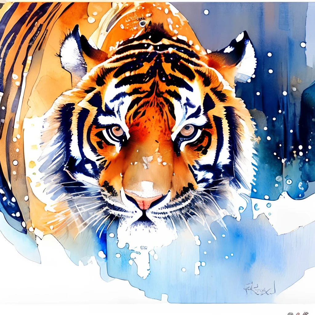 painting of (close up of one tiger in snow drinking from creek), open eyes, looking at viewer, water mirror, golden hour, masterpiece, official art, beautiful, ((watercolor)), paint splatter, intricate details, [dripping:0.5], trending on artstation, in Watercolor Style, Watercolor, (Rachel Walker), Museum Epic Impressionist Maximalist Masterpiece, thick brush strokes,