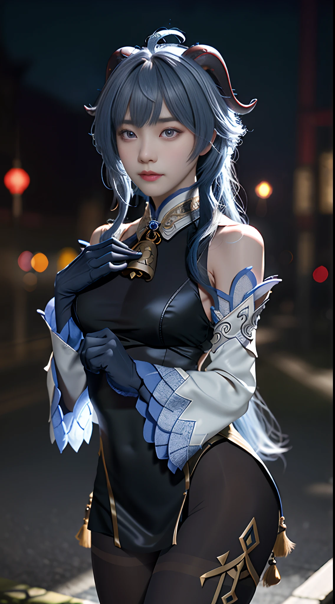 Masterpiece, (Photorealistic:1.5), Best quality, Beautiful lighting, Real life, Ganyu \(Genshin Impact\), 1girll, ahoge, architecture, bangs, Bare shoulders, bell, Black gloves, Black pantyhose,eyes beautiful, (Blue hair), Blush, Breasts, Chinese knot, Detached sleeves, east asian architecture, flower knot, mitts, Horns, Long hair, view the viewer, Medium breasts, Neckbells, Night, Outdoors, Pantyhose, Purple eyes, side locks, Solo, nipple tassels, White sleeves, (Ulzzang-6500:0.5) , Intricate, High detail, Sharp focus, Dramatic, Beautiful girl , (RAW photo, 8K UHD, filmgrain), Caustics, Subsurface scattering, Pondering ,