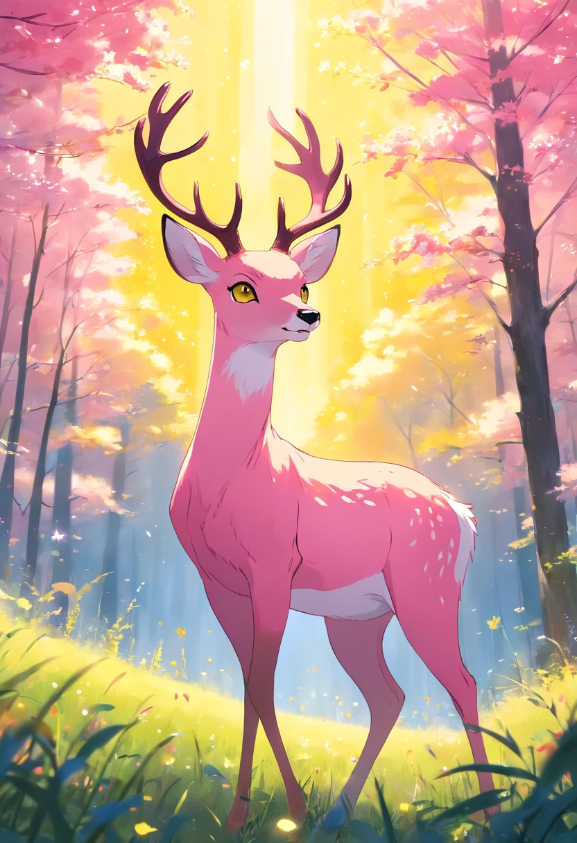 a detailed anime drawing of a large ((pink)) deer with ((bright yellow eyes)) that gives off a aura of grace with large heart-shaped antlers dashing through a meadow by itself