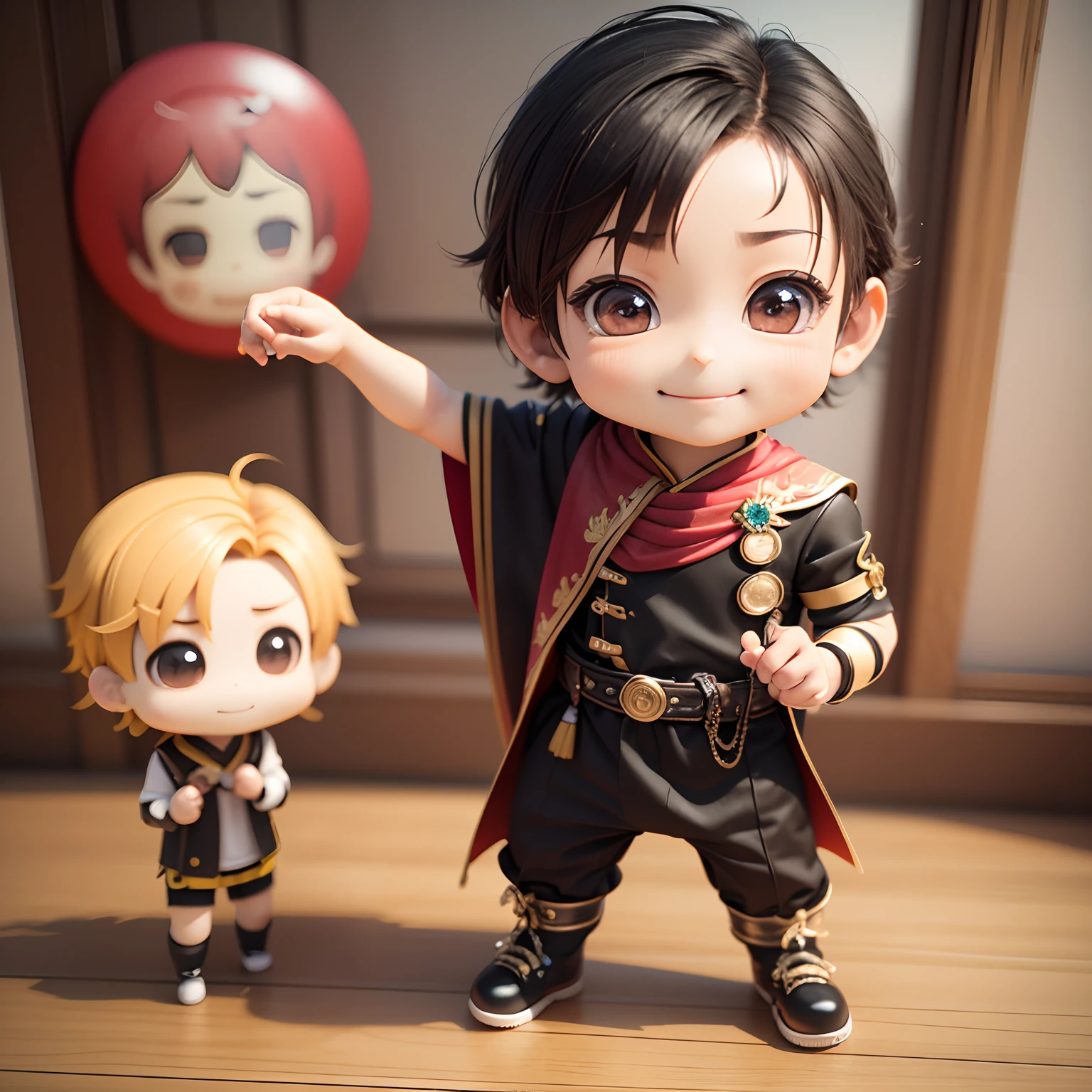 4(((Chibi 3D))) (Best Quality), (masutepiece)(Boy's Chibi Alqueiro Costume:1.3),Smiling。