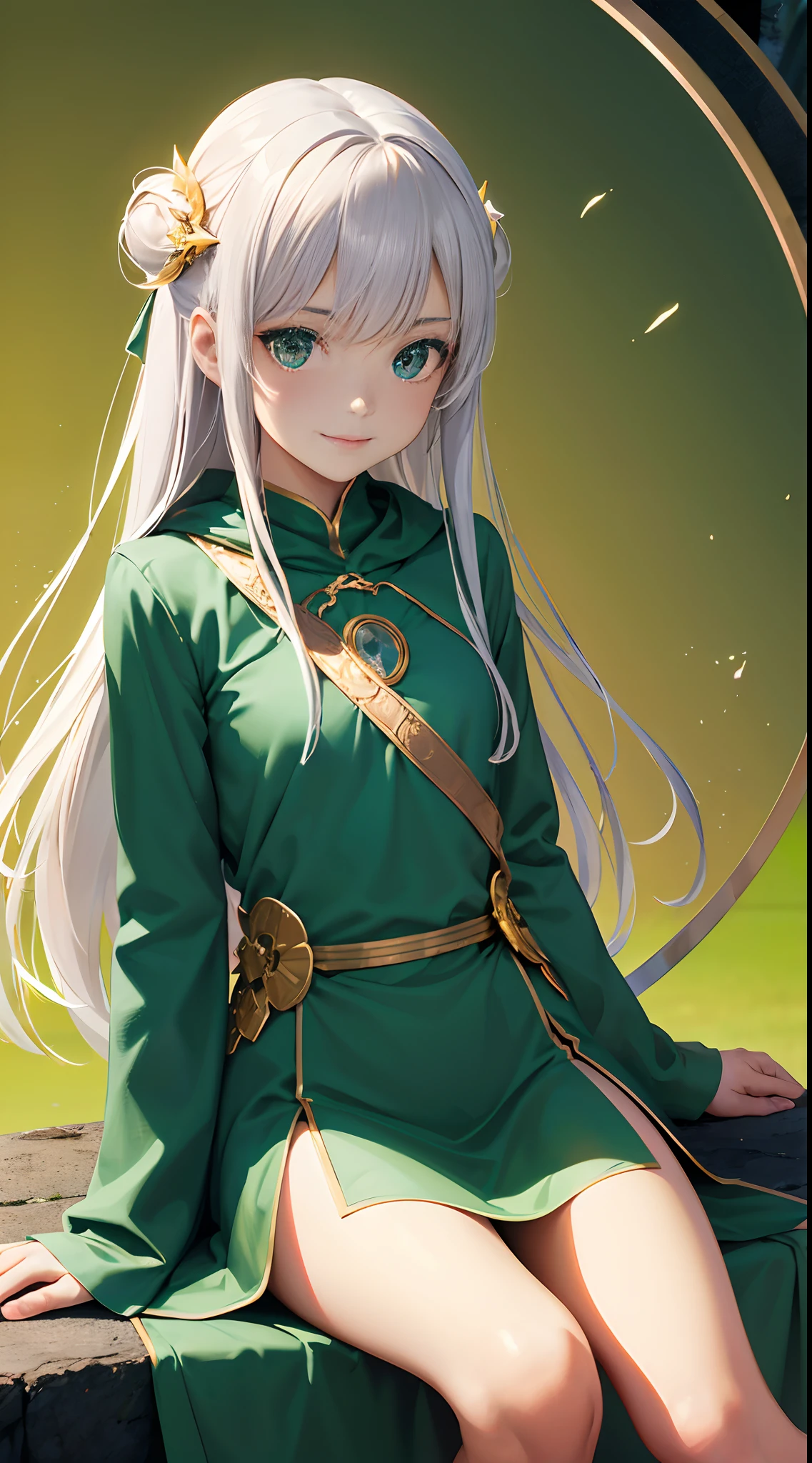Full Body, Silver-haired young girl, golden eyes, angelic body and face, and a green ninja dress with a mini skirt, wield a katana, wear a cloak, shield, and golden circlet, sitting on the throne of green moon, green seraphic wings, green cloud, and wind background scene, the magic circle with a diamond star, innocent smile, stable diffusion v5, anime style v3, lora style v5, dynamic, image enhance, dream shape, vibrant, realistic face, 32k resolution, upscale, sharp focus, best quality, masterpiece, ghostmix, flat color, flat light.