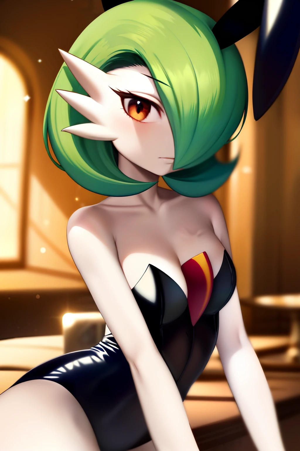 masterpiece, best_quality, 1girl, solo, gardevoir, creatures \(company\), game freak, nintendo, pokemon, pokemon \(game\), bangs, colored skin, female focus, gen 3 pokemon, green hair, green skin, hair over one eye, multicolored skin, pokemon \(creature\), red eyes, short hair, two-tone skin, white skin, playboy bunny, black leotard,