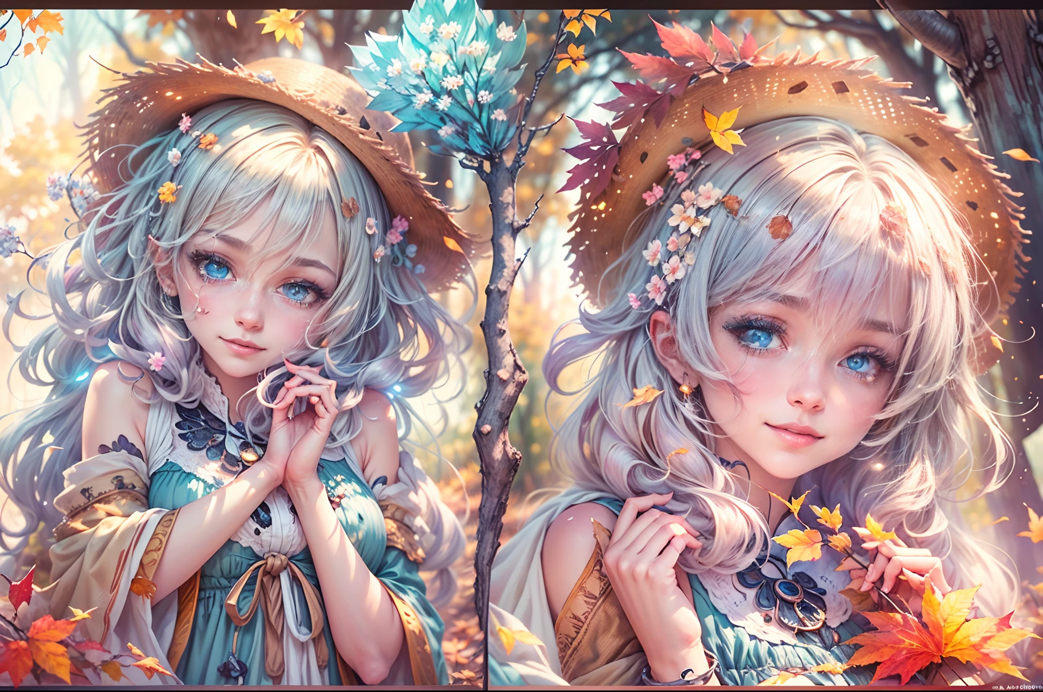 ((tmasterpiece:1.4, best qualtiy))+, (ultra - detailed)+,(watercolor paiting:1.2),Cute 1girl,Straw hat,blossoms,Light cyan hair,Very long hair,Aqua blue eyes,flatchest,Keep your mouth shut,Smiling,(a blue dress:1.3),Shoulders exposed,Bow knot,Side angle,Autumn landscape,The leaves are yellow,maple trees,eventide,riverbank,lake reflection,The sky is full of color,Orange-red sunset,The afterglow diverges,Big Mountain,Far Mountain,contours,Scenic beauty, (Warm light source:1.2), (the woods,Bare branches:1.2)(Very detailed CG unification,8k wallpaper),(The best picture quality),(illustratio:1.0)、intricately details, Epic composition、Realistic lighting、high definition detail、((tmasterpiece))、(Beautiful wildlife and natural wonders,With glowing lights)