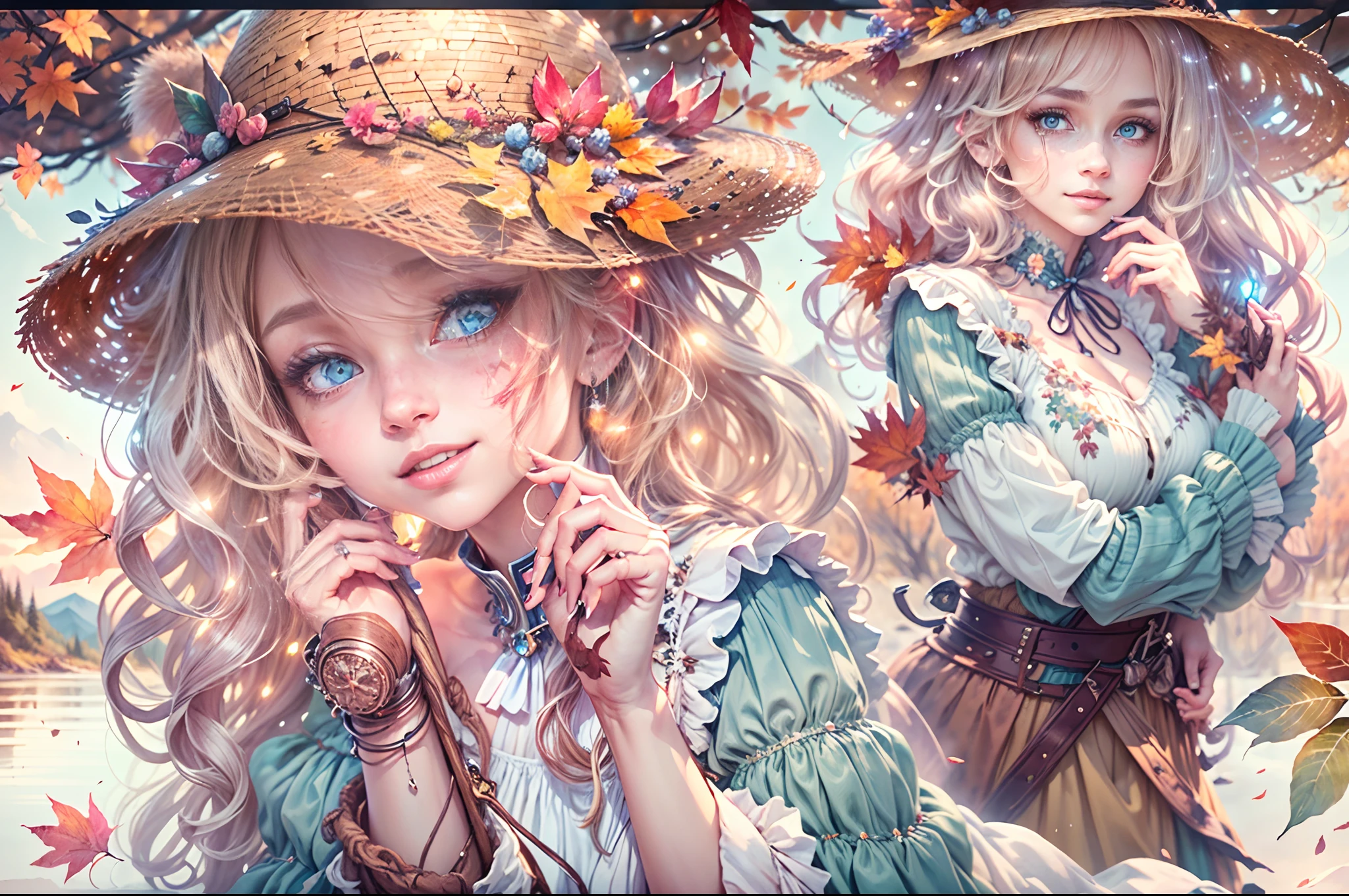 ((tmasterpiece:1.4, best qualtiy))+, (ultra - detailed)+,(watercolor paiting:1.2),Cute 1girl,Straw hat,blossoms,Light cyan hair,Very long hair,Aqua blue eyes,flatchest,Keep your mouth shut,Smiling,(a blue dress:1.3),Shoulders exposed,Bow knot,Side angle,Autumn landscape,The leaves are yellow,maple trees,eventide,riverbank,lake reflection,The sky is full of color,Orange-red sunset,The afterglow diverges,Big Mountain,Far Mountain,contours,Scenic beauty, (Warm light source:1.2), (the woods,Bare branches:1.2)(Very detailed CG unification,8k wallpaper),(The best picture quality),(illustratio:1.0)、intricately details, Epic composition、Realistic lighting、high definition detail、((tmasterpiece))、(Beautiful wildlife and natural wonders,With glowing lights)