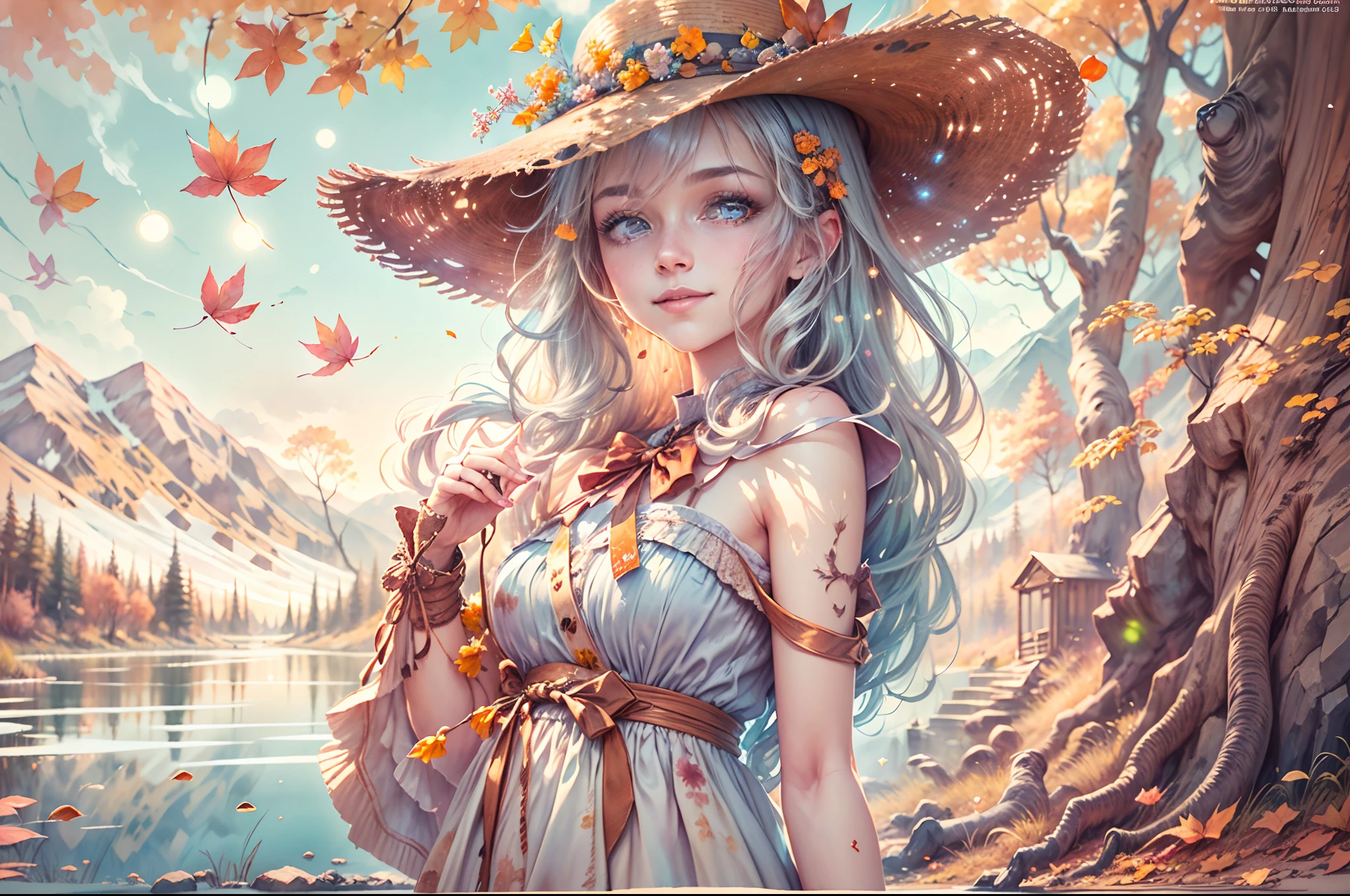 ((tmasterpiece:1.4, best qualtiy))+, (ultra - detailed)+,(watercolor paiting:1.2),Cute 1girl，Straw hat，blossoms，Light cyan hair，Very long hair，Aqua blue eyes，flatchest，Keep your mouth shut，Smiling,(a blue dress:1.3),Shoulders exposed，Bow knot，Side angle,Autumn landscape，The leaves are yellow，maple trees，eventide，riverbank，lake reflection，The sky is full of color，Orange-red sunset，The afterglow diverges，Big Mountain，Far Mountain，contours，Scenic beauty， (Warm light source:1.2), (the woods，Bare branches:1.2)（Very detailed CG unification，8k wallpaper），（The best picture quality），(illustratio：1.0）、intricately details, Epic composition、Realistic lighting、high definition detail、((tmasterpiece))、(Beautiful wildlife and natural wonders，With glowing lights)