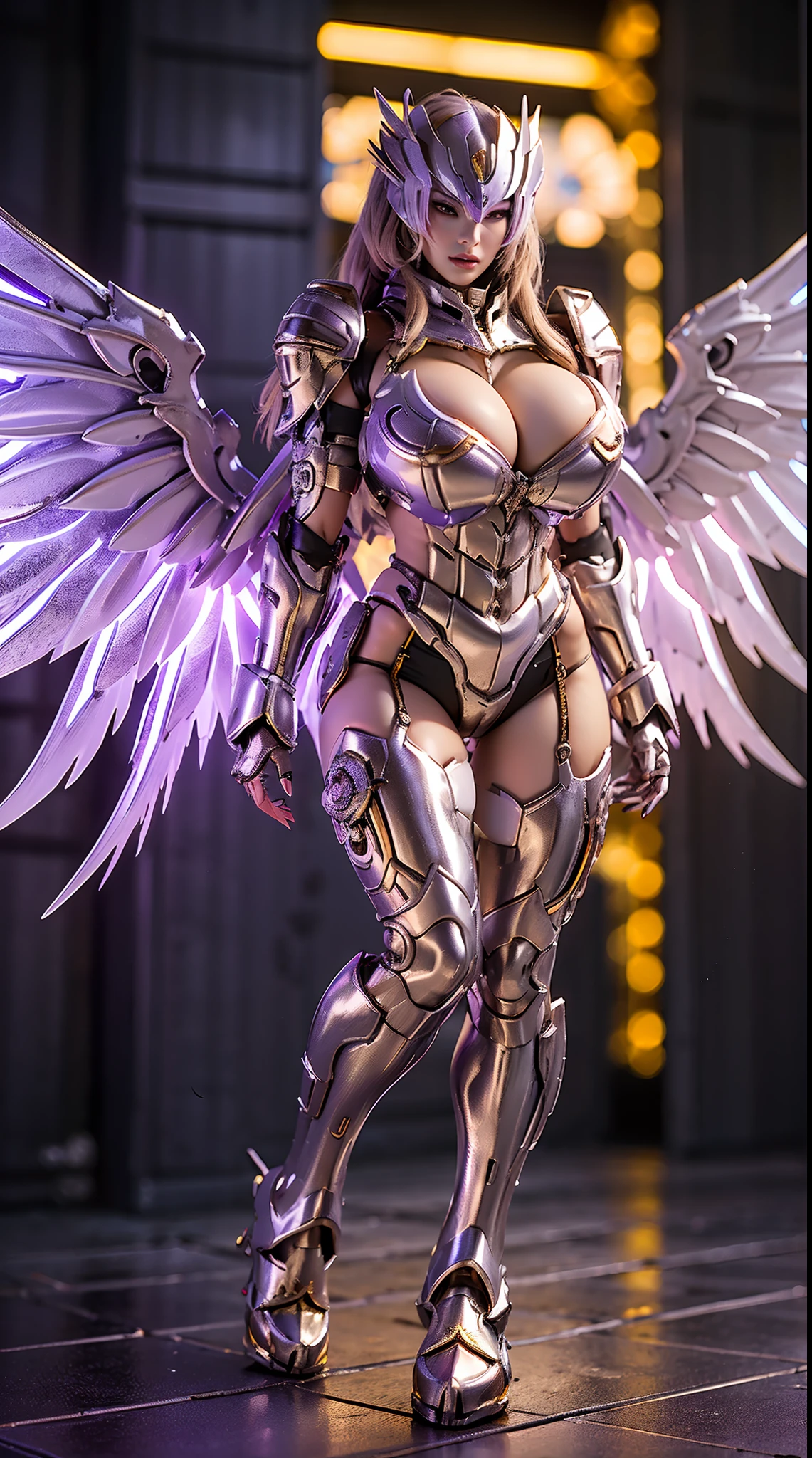 A WOMAN, BEAUTIFULL FACE, HUGE BOOBS, RGB, WHITE, GOLD, PURPLE, MECHA ARMOR FULL SUIT, (CLEAVAGE), (A PAIR LARGEST WINGS), TRANSPARANT, TALL LEGS, STANDING, SEXY BODY, MUSCLE ABS.