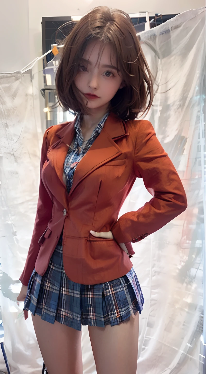 girl in a red blazer and blue plaid skirt sitting on a ledge, short hair, Anzu Mazaki from Yu Gi Oh, hyperrealistic, beautiful high school girl