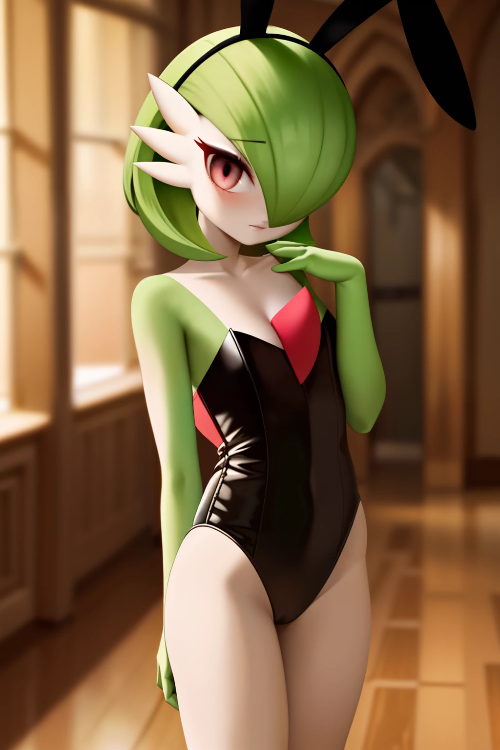 masterpiece, best_quality, 1girl, solo, gardevoir, creatures \(company\), game freak, nintendo, pokemon, pokemon \(game\), bangs, colored skin, female focus, gen 3 pokemon, green hair, green skin, hair over one eye, multicolored skin, pokemon \(creature\), red eyes, short hair, two-tone skin, white skin, playboy bunny, black leotard,