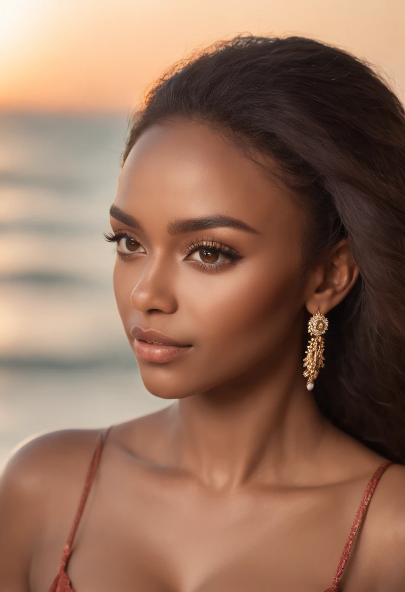 dark brown skin, beautiful face, afro hair, natural afro, long hair, at carribean carnival, gold jewelry, ((crystal clear hazel eyes:1.2)), detailed eyes, beautiful eyes, ((masterpiece, UHD, 8K)), Depth of field, seaside, cleavage, large breasts, focus on eyes, breasts popping out, detailed skin, texture skin, sexy shoulders, golden brown tan, highly detailed skin, long eyelashes, black mascara, perfect face