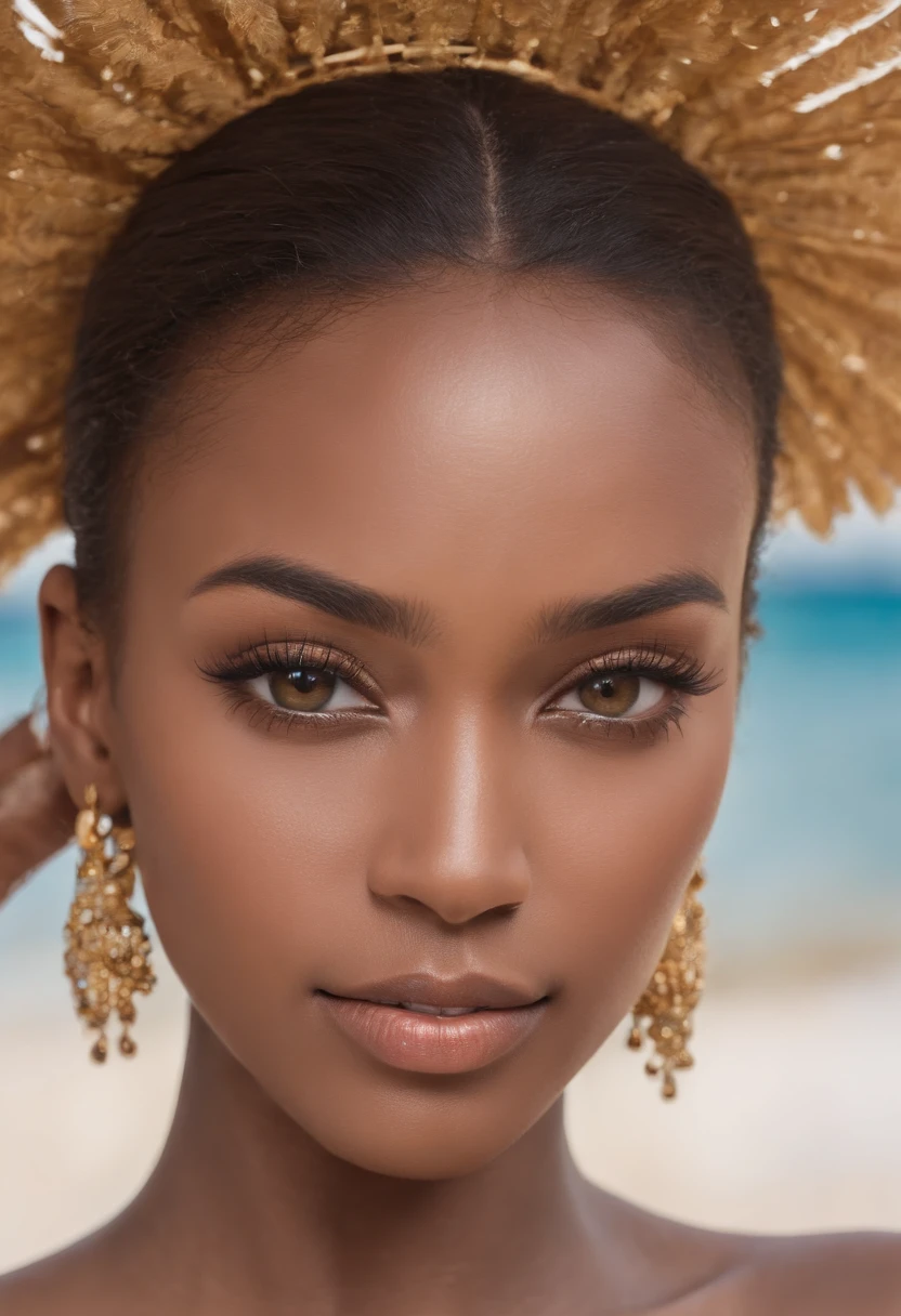 dark brown skin, beautiful face, afro hair, natural afro, long hair, at carribean carnival, gold jewelry, ((crystal clear hazel eyes:1.2)), detailed eyes, beautiful eyes, ((masterpiece, UHD, 8K)), Depth of field, seaside, cleavage, large breasts, focus on eyes, breasts popping out, detailed skin, texture skin, sexy shoulders, golden brown tan, highly detailed skin, long eyelashes, black mascara, perfect face