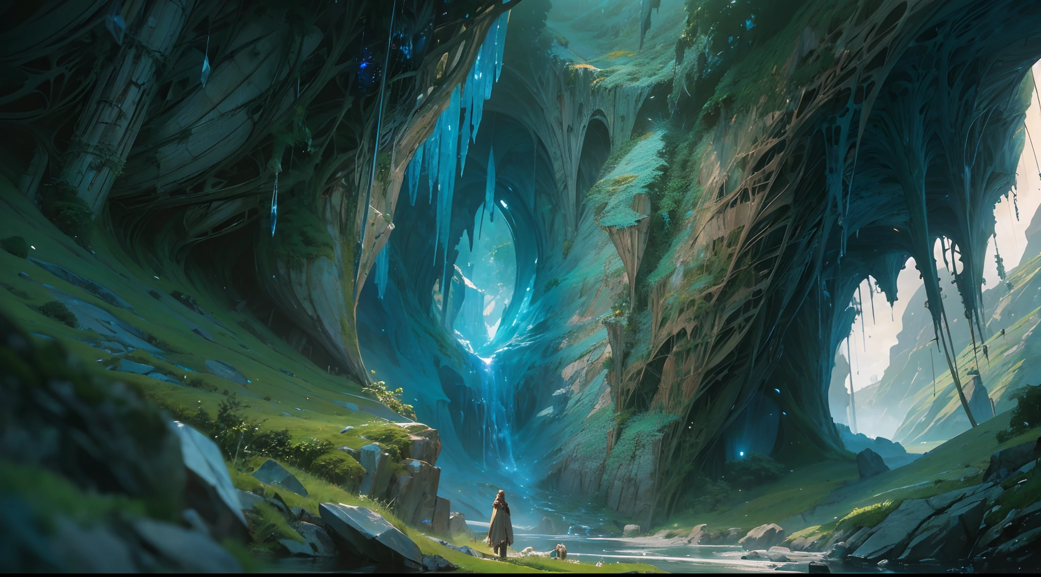 "(by Greg Rutkowski: 1.2), (masterpiece), (best quality), extremely delicate and beautiful, illustration, (fantasy landscape), A mesmerizing fantasy landscape with enchanting elements blending seamlessly. (Majestic crystal cave mine), huge crystal, adorned with vibrant blue hue glow reflecting off the surroundings. A sense of tranquility and wonder fills the air, inviting exploration and discovery. Providing a distant view that captures the grandeur and atmosphere. From Brian Froud and Carne Griffiths and Wadim Kashin and John William Waterhouse, 8K post-production, high resolution, hyperdetailed, depth of field, HDR, intricate"
