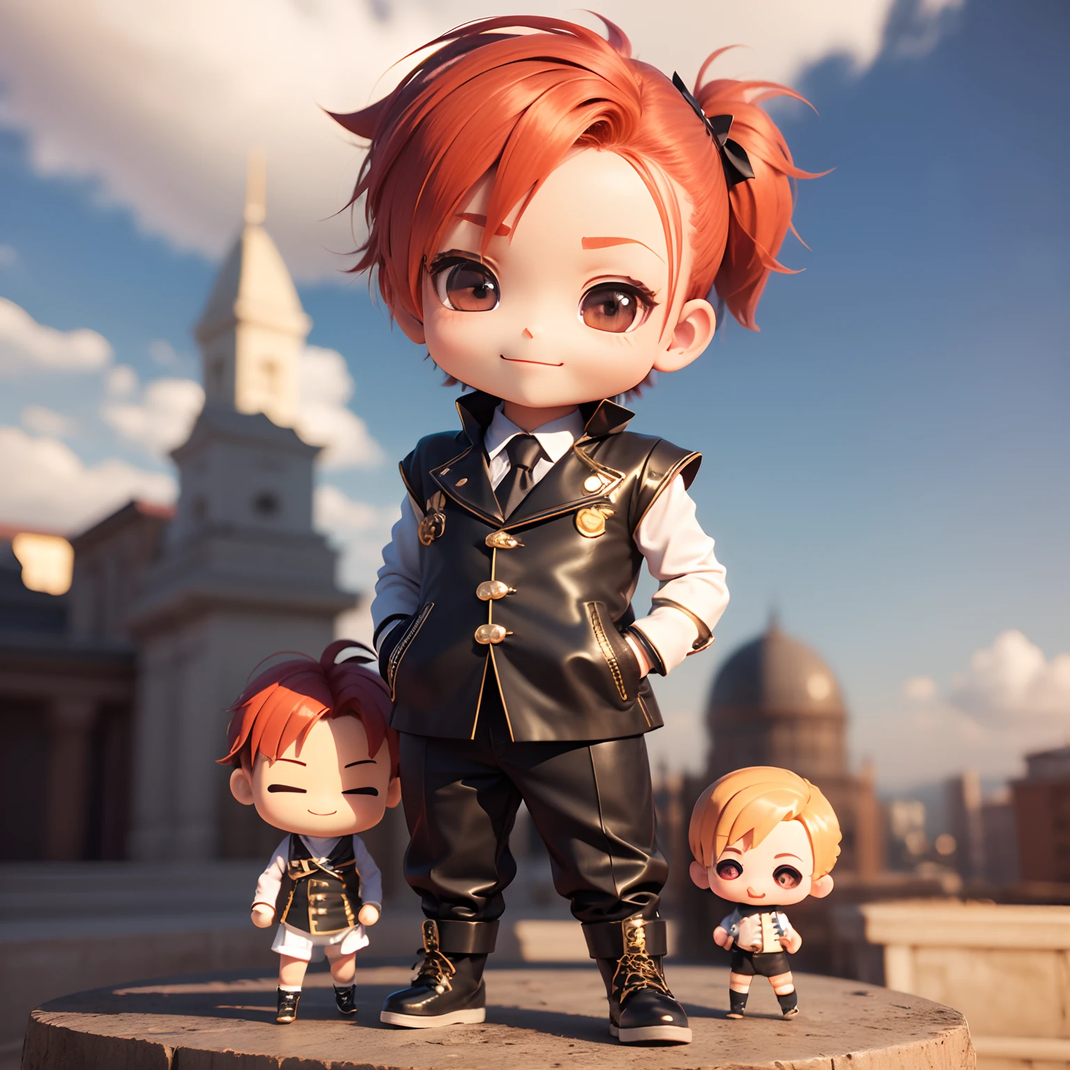 4(((Chibi 3D))) (Best Quality), (masutepiece)(Boy's Chibi Alqueiro Costume:1.3)，Smiling。