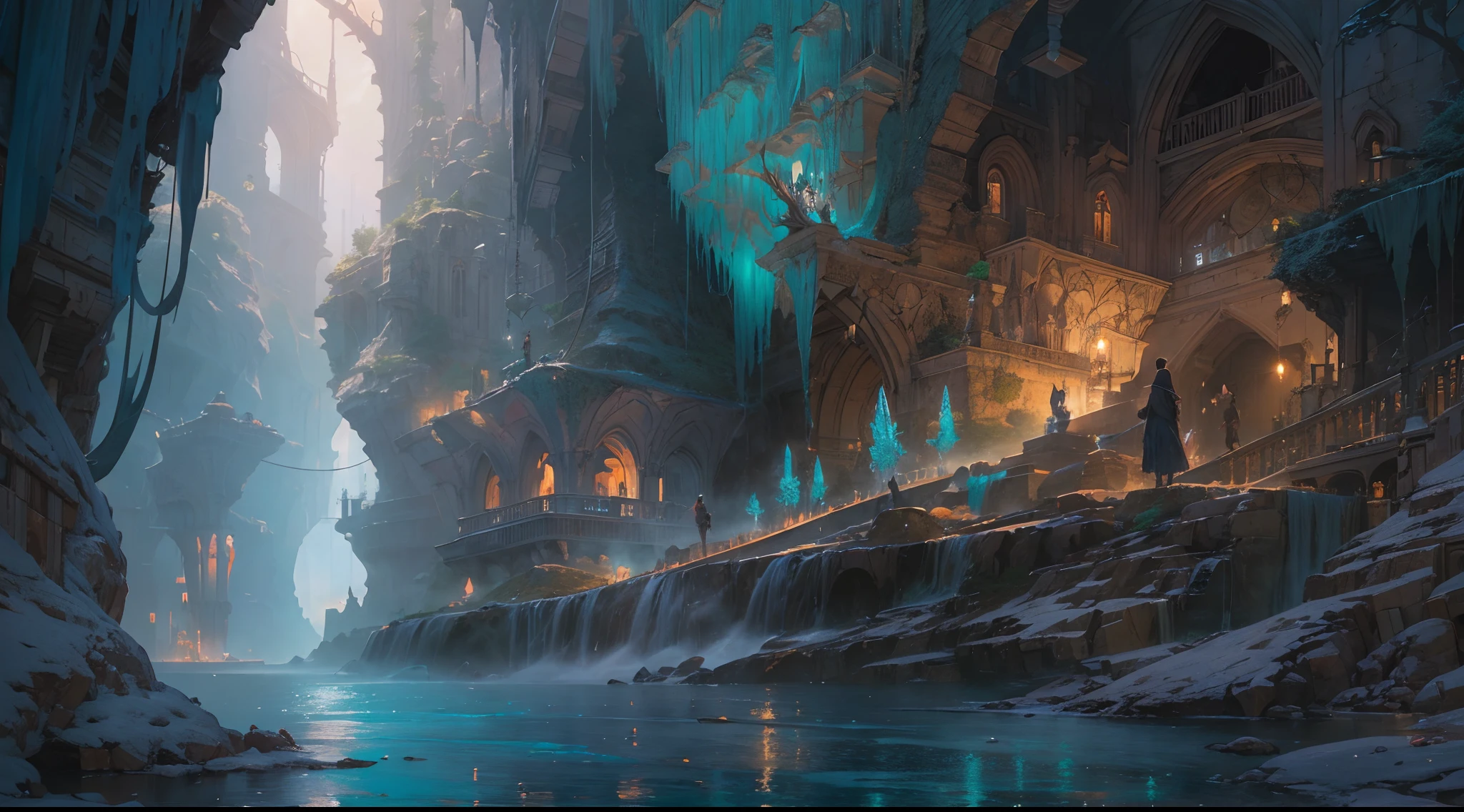 "(by Greg Rutkowski: 1.2), (masterpiece), (best quality), extremely delicate and beautiful, illustration, (fantasy landscape), A mesmerizing fantasy landscape with enchanting elements blending seamlessly. (Majestic crystal cave mine), huge crystal, adorned with vibrant blue hue glow reflecting off the surroundings. A sense of tranquility and wonder fills the air, inviting exploration and discovery. Providing a distant view that captures the grandeur and atmosphere. From Brian Froud and Carne Griffiths and Wadim Kashin and John William Waterhouse, 8K post-production, high resolution, hyperdetailed, depth of field, HDR, intricate"