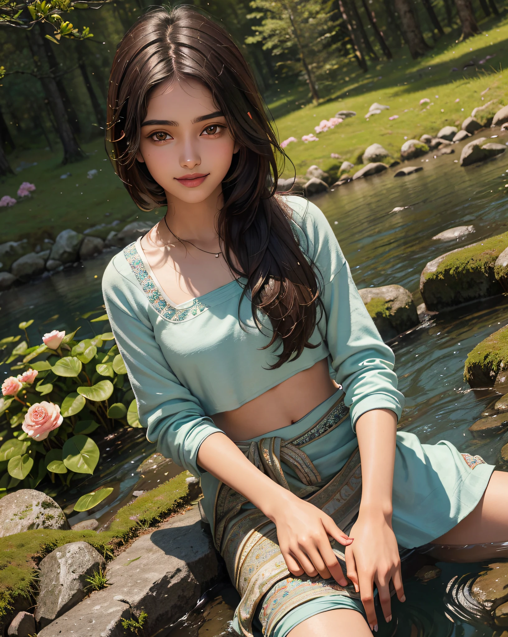 18-year-old beautiful indian girl，com um rosto quadrado，An affectionate smile，brunette color hair，cold light，closeup of face，mountain peaks，ln the forest，Hand pulled，small stream，grassy fields ，Stand next to the camellia，Hand pick a flower，A high resolution