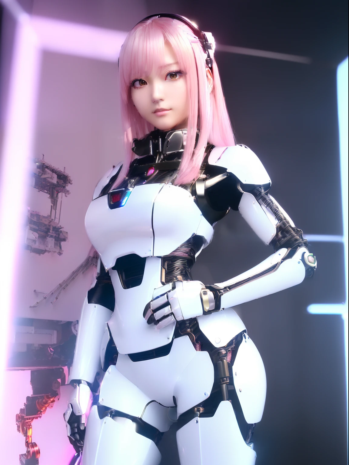 ((masutepiece)), ((top-quality), high quarity、ultra-definition, Realistic, Ultra-fine face、fulcolor 、One beautiful robot police woman、Joints of machines、Frame of the machine、Thick wire joints、White porcelain mechanical armor、(Curvaceous face)、deadpan、pink straight hair、((Electronic substrate))、Take a picture from head to knee