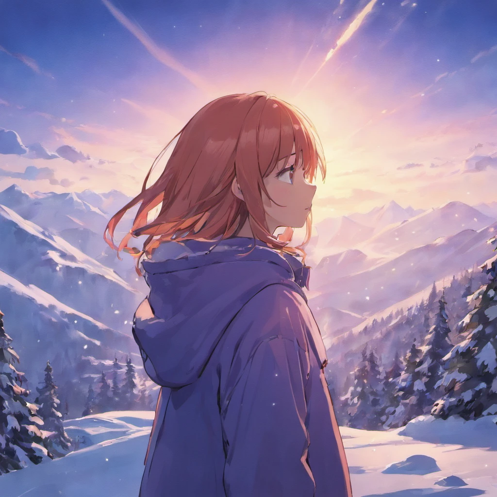 Broad lens,A girl looks towards the summit of a snowy mountain,solo,tmasterpiece,Beautiful