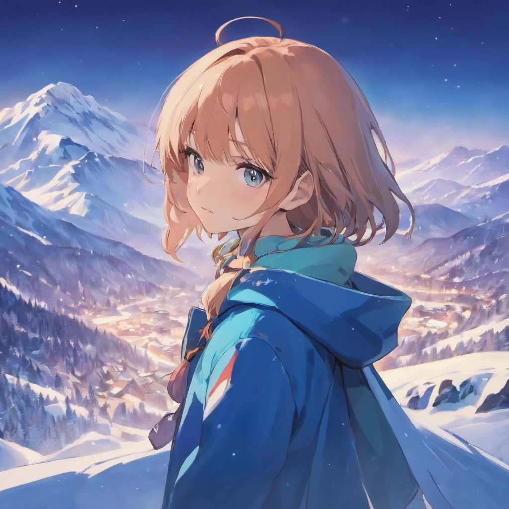 Broad lens，A girl looks towards the summit of a snowy mountain，solo，tmasterpiece，Beautiful