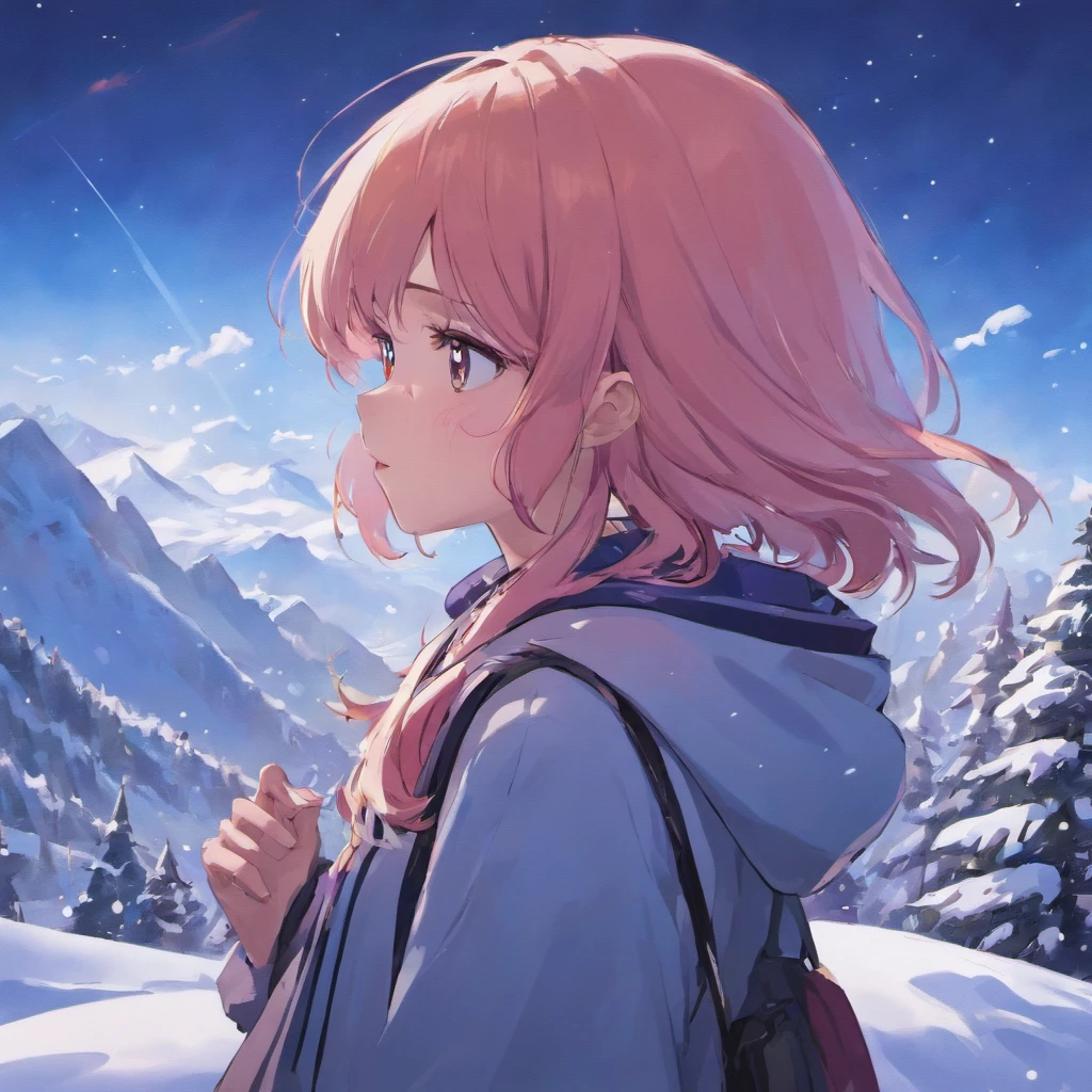 Broad lens,A girl looks towards the summit of a snowy mountain,solo,tmasterpiece,Beautiful