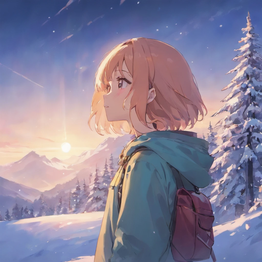 Broad lens,A girl looks towards the summit of a snowy mountain,solo,tmasterpiece,Beautiful