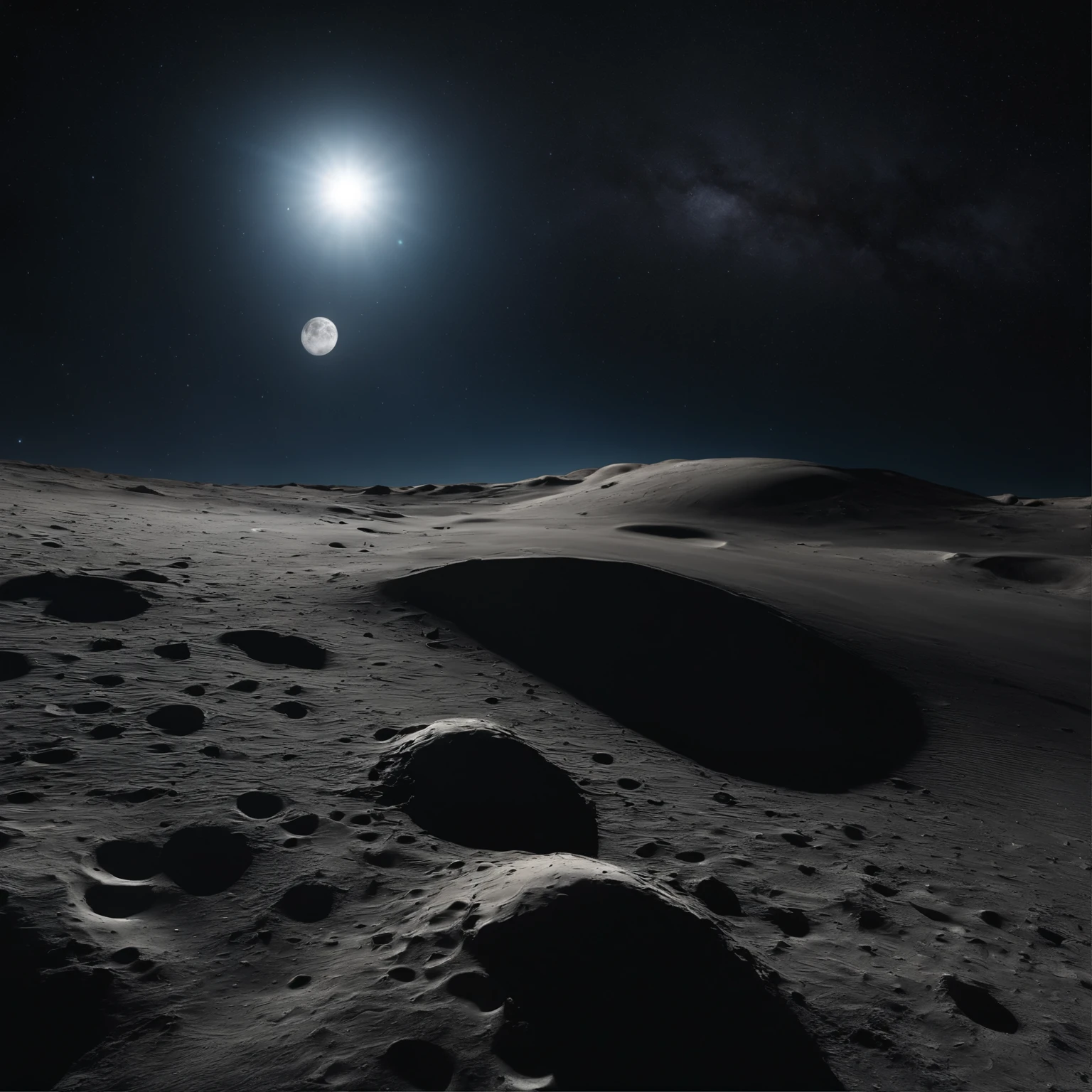 Master Parts、Superior Quality、superior image quality、The 8k quality、Beautiful pictures of the starry sky、magnifica、Arched Milky Way:1.25、Alafed view of Earth from the lunar surface:1.25, Lunar surface, space photo, on the moon, moon background, moon background, on the moon, Lunar soil, space photo, moonscape, Focus on the Moon, On Moon, Numerous craters, Huge Earth in the Sky