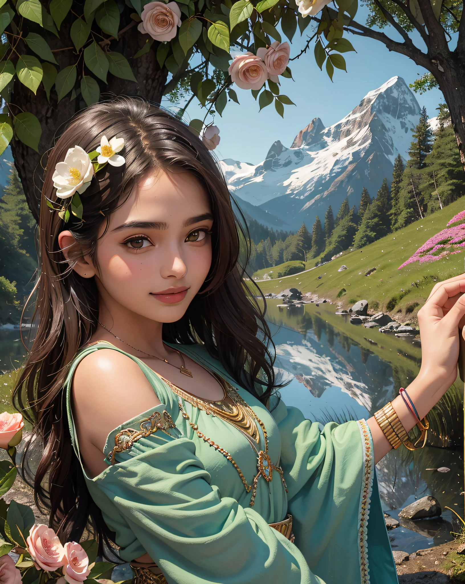 18-year-old beautiful indian girl，com um rosto quadrado，An affectionate smile，brunette color hair，cold light，closeup of face，mountain peaks，ln the forest，Hand pulled，small stream，grassy fields ，Stand next to the camellia，Hand pick a flower，A high resolution