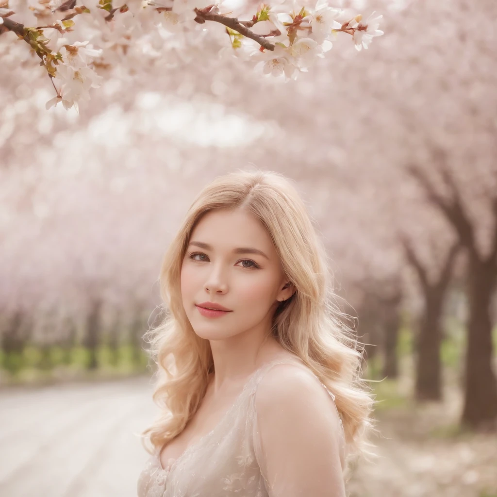 a blond、a baby face、background is cherryblossoms、