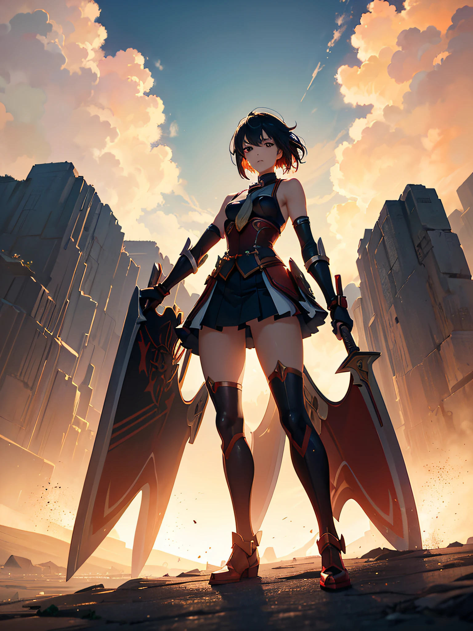 Ryuko Matoi, using her costume and her sword, special swit mode, reflections, badass stance, full body, photography, (ultra-realistic), {extremely detailed 8k CG unit wallpaper}, expansive landscape photography, (a view from below that prioritizes the character and the setting, wide view of the open field), (low angle photo), (high light: 1.7), (low light: 1.0), (warm light source: 1.5), complex details, (iridescent colors: 1.7), (bright lighting), (atmospheric lighting), dreamy, magical, Anime