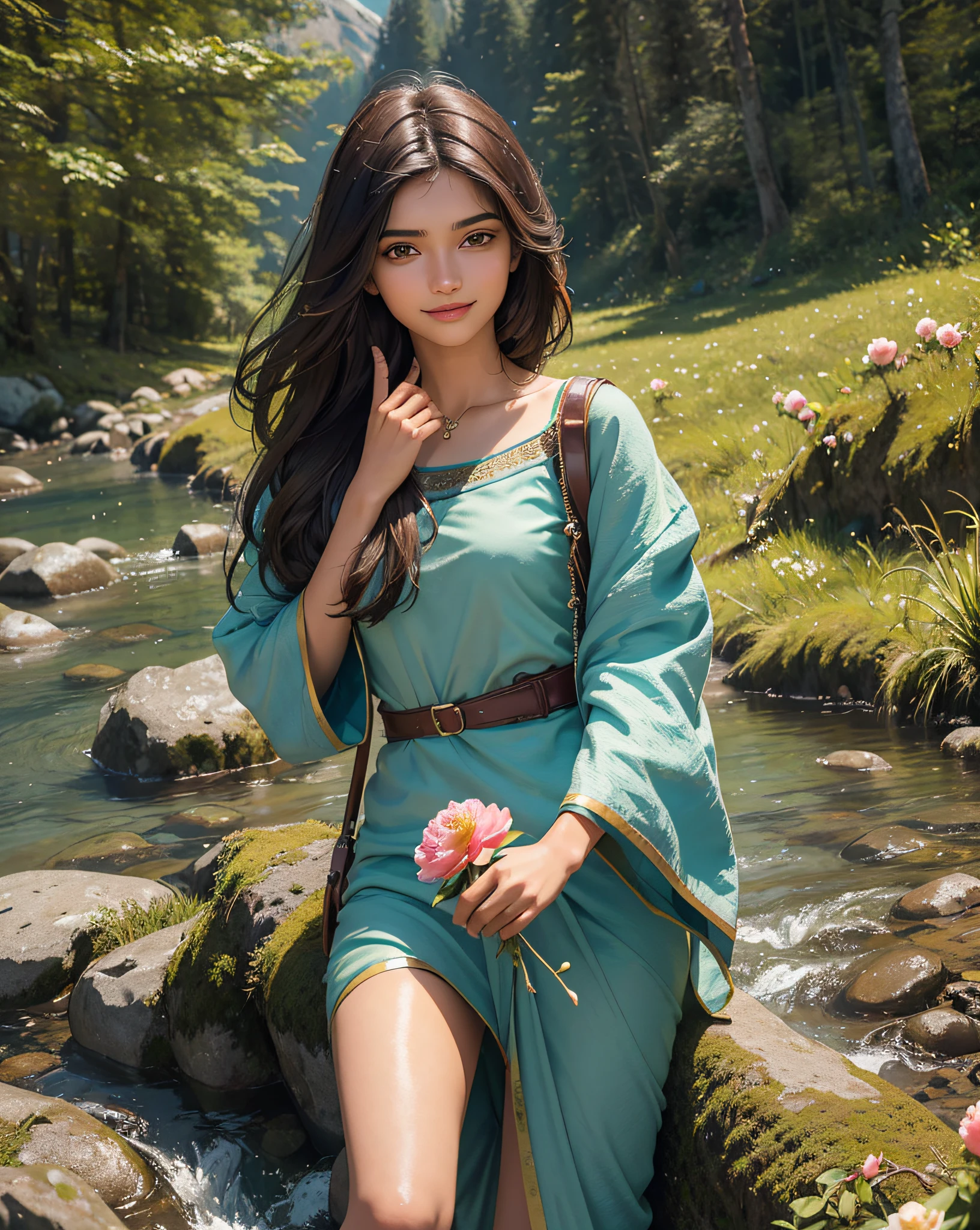 18-year-old beautiful indian girl,com um rosto quadrado,An affectionate smile,brunette color hair,cold light,closeup of face,mountain peaks,ln the forest,Hand pulled,small stream,grassy fields ,Stand next to the camellia,Hand pick a flower,A high resolution