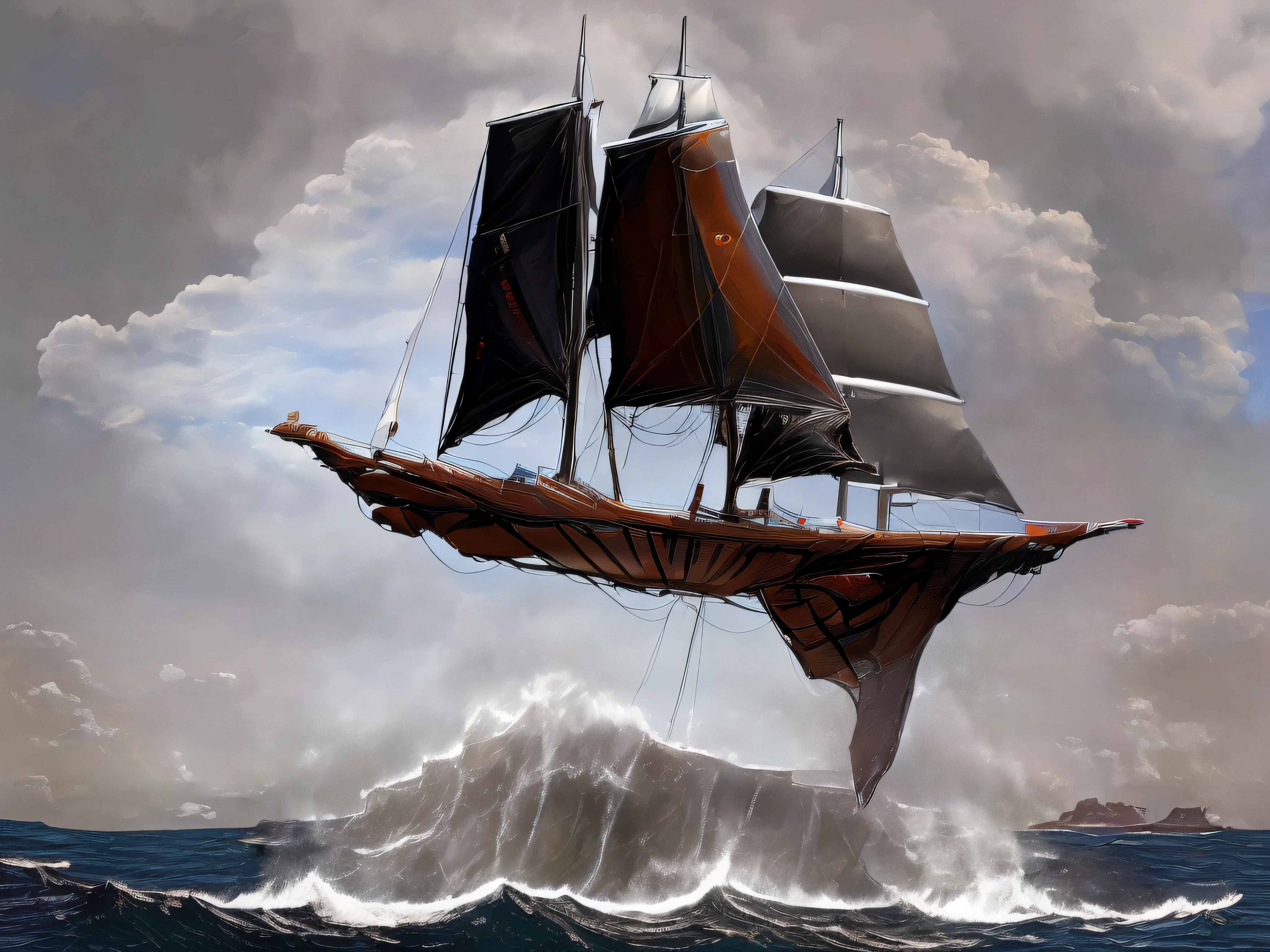 Futuristic super sailboat with the black hull flying through the clouds and far below the raging sea is very agitated by the huge waves that break on the cliffs in the distance