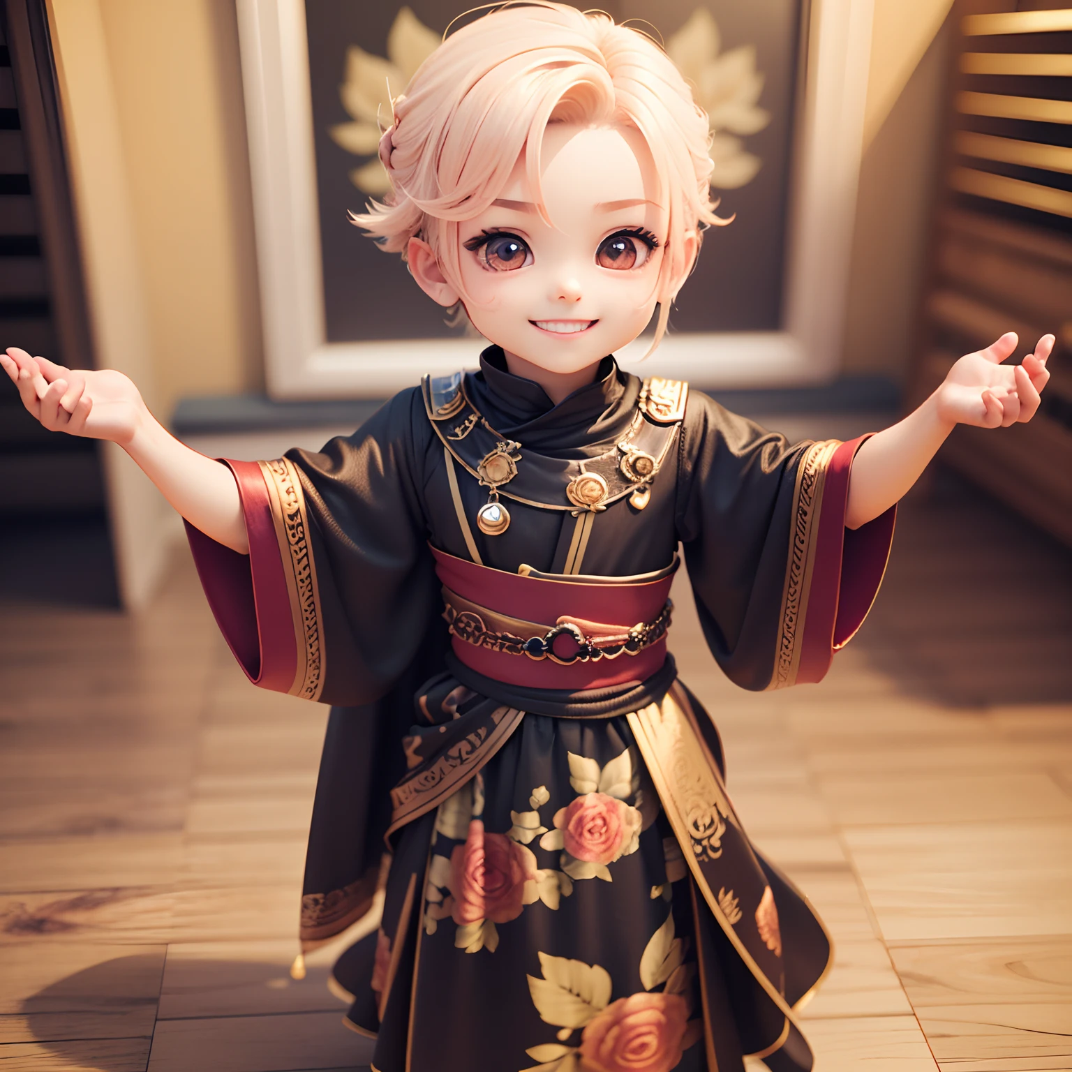(((Chibi 3D))) (Best Quality), (masutepiece)(One Boy Chibi Alqueiro Costume:1.3),Smiling。